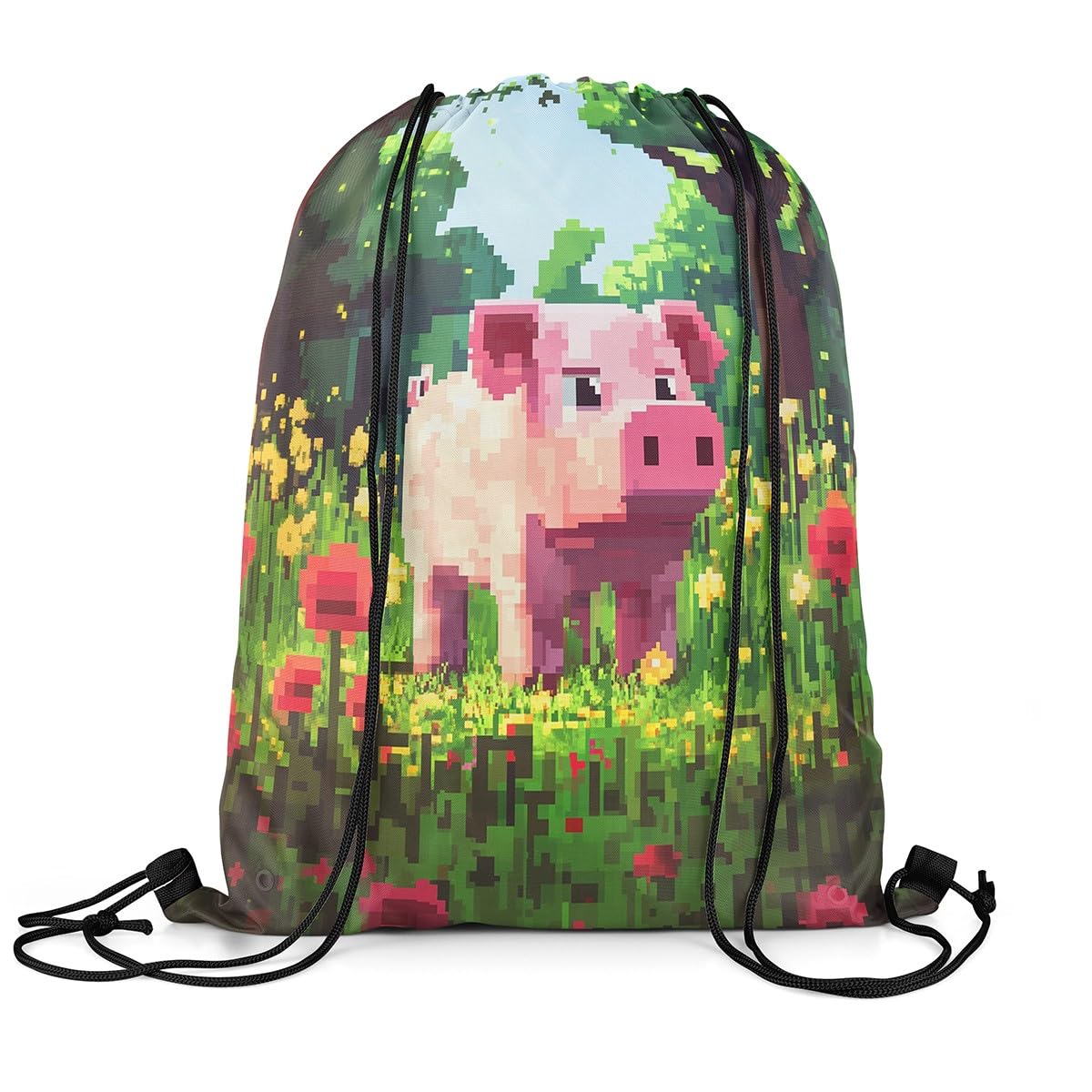 Castle Fairy Pink Pig Drawstring Backpack,Pixelated Style Floral Waterproof Drawstring Bags,Cartoon Animals Bags for Shopping Travelling,Lightweight