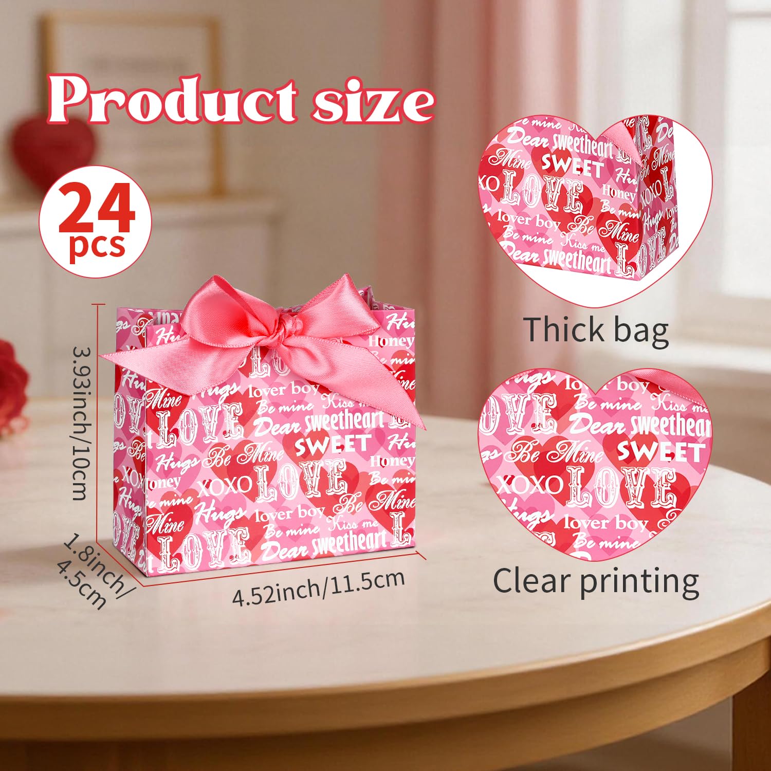 Nimbbex 24 Pack Small Valentines Gift Bags with Bow Ribbons, 4.5" X 1.8" X 3.9" Love Heart Valentines Bags, Mini Valentines Bags for Weddings, Holidays, Classroom, Valentine's Day Gift Giving