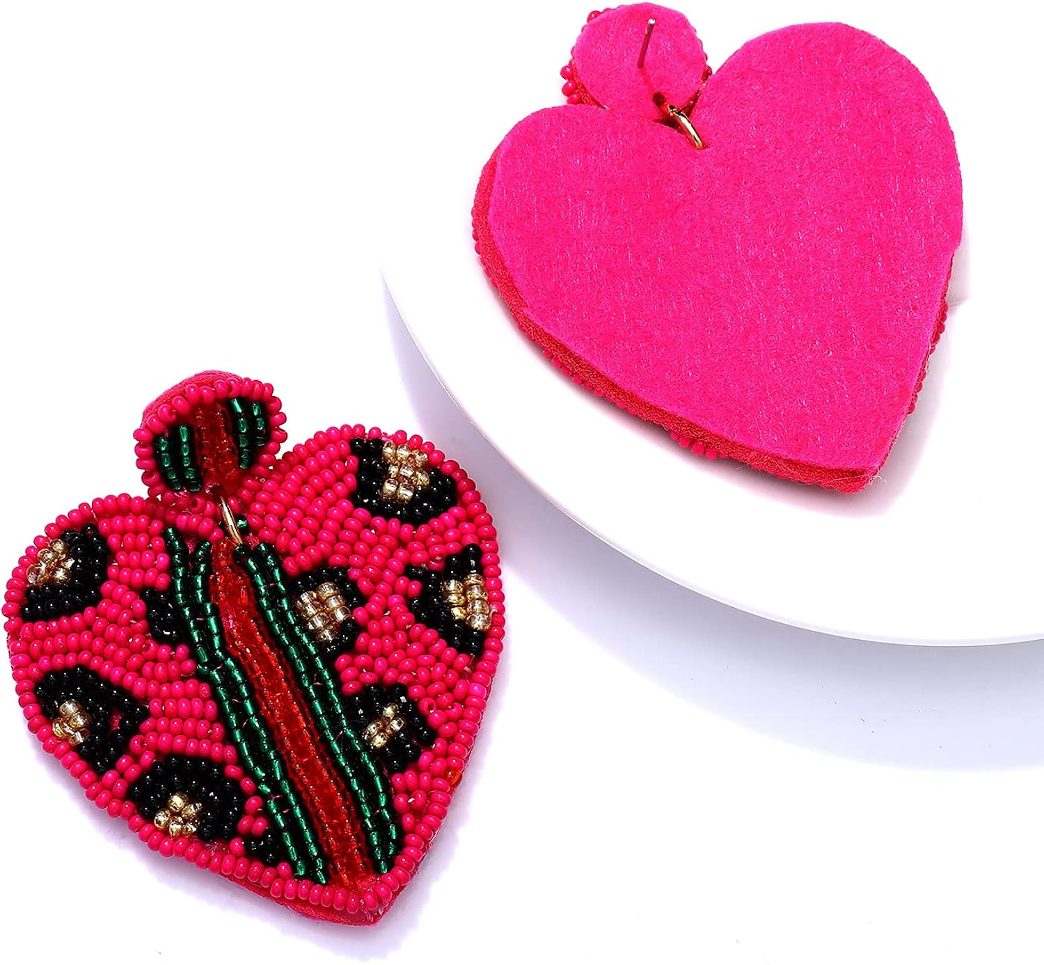 Beaded Dangle Earrings for Women Leopard Pattern Bead Heart Earrings Boho Statement Drop Earring Studs for Holiday Birthday Valentine’s Day Gifts