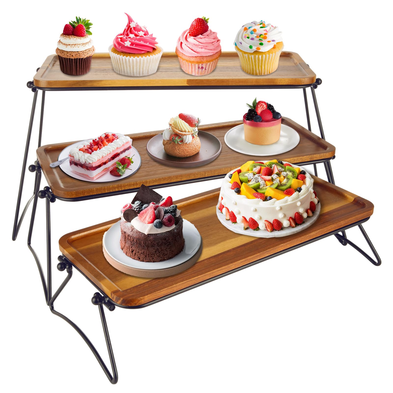 RHBLME Tiered Tray Stand, Acacia Wood Dessert Table Display Set, 3 Tier Cupcake Stand and Towers Serving Tray for Party, Decorative Tiered Tray Rustic Wood Serving Platters and Trays