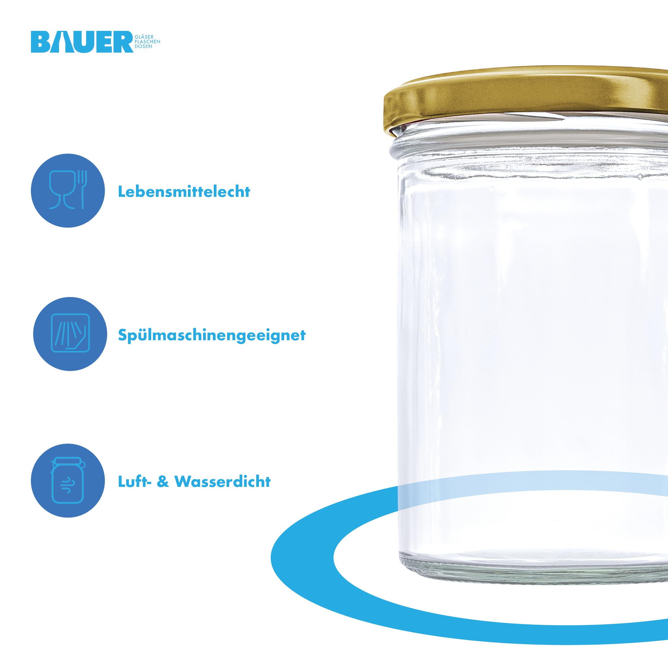Flaschenbauer - Sturzgläser 430ml 96er Set - Einmachgläser mit Deckel TO82, Schraubgläser, Marmeladengläser, Einkochgläser zur Aufbewahrung, mit Twist-Off-Deckel - Made in Germany (Deckel Gold)