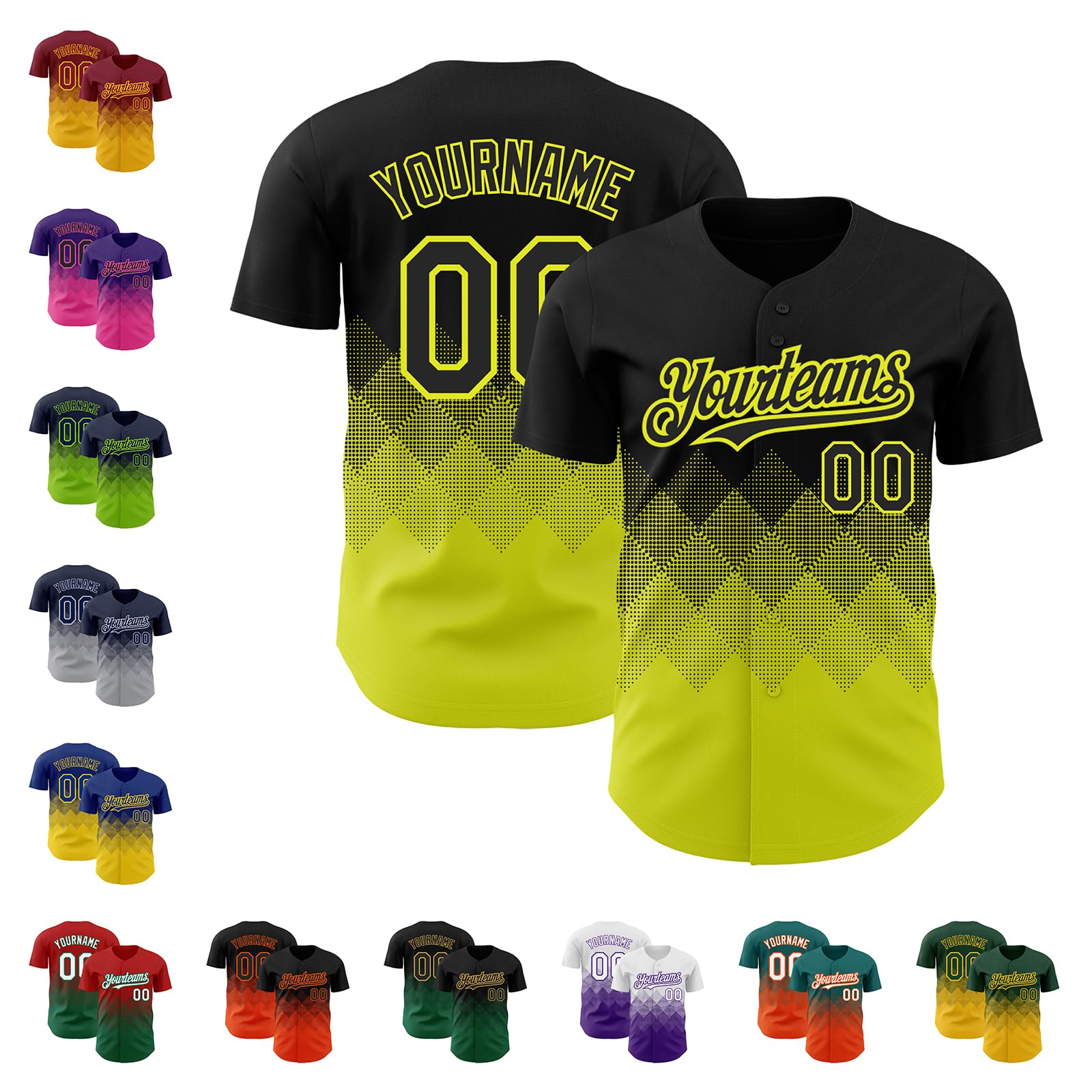 Youth Black and Neon Yellow Baseball Jersey Custom Fashion Gradient Softball Shirts for Boys Girls, Two-Tone Personalized 3D Rhombus Pattern Sports Team Uniforms Top Stitched Name Number for Men Women