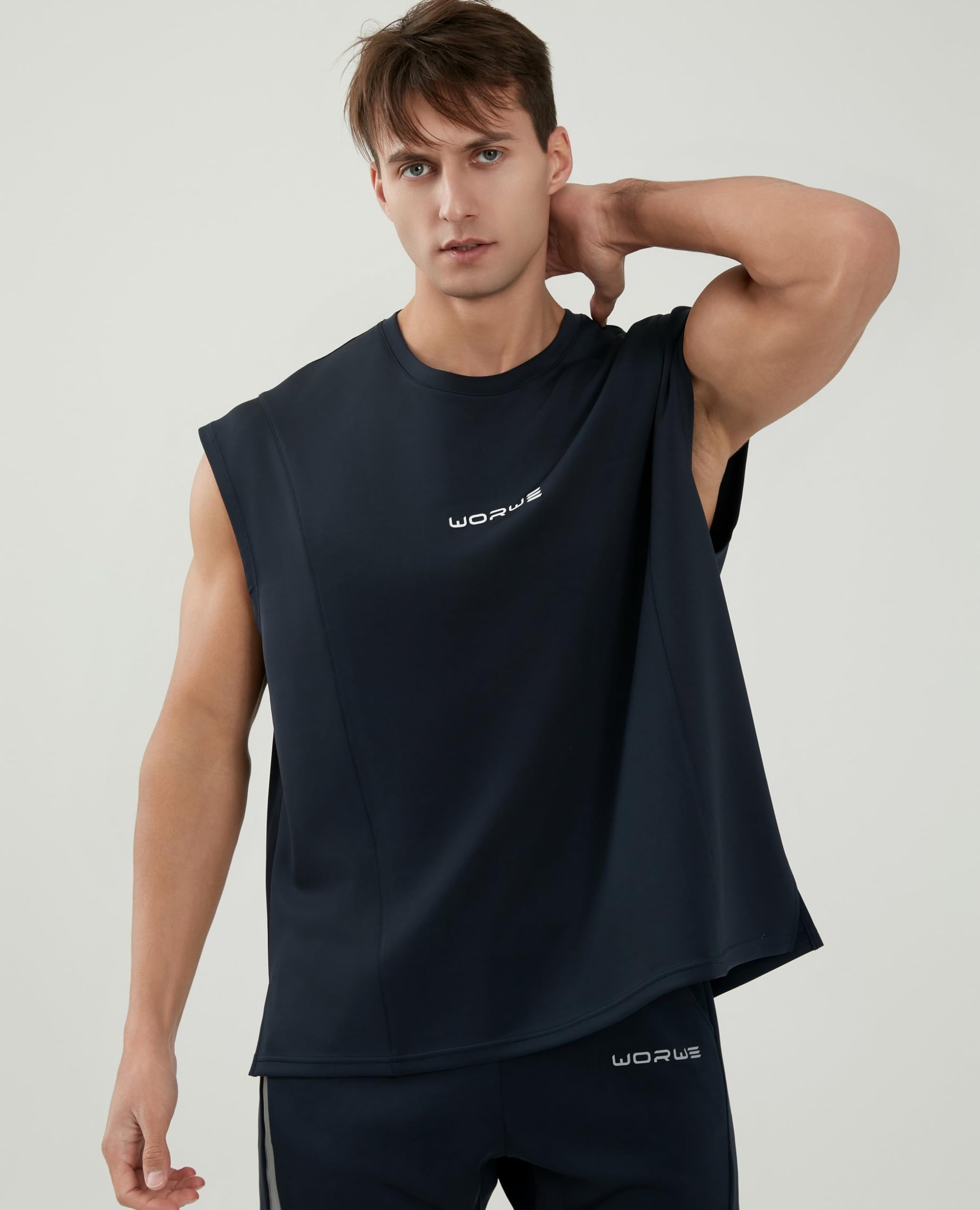 Maglietta Senza Maniche da Uomo Stile Spalla Caduta Moda Sportiva Fitness Asciugatura Rapida ranspirabile Bretella Top Logo 3D Anti-UV Girocollo