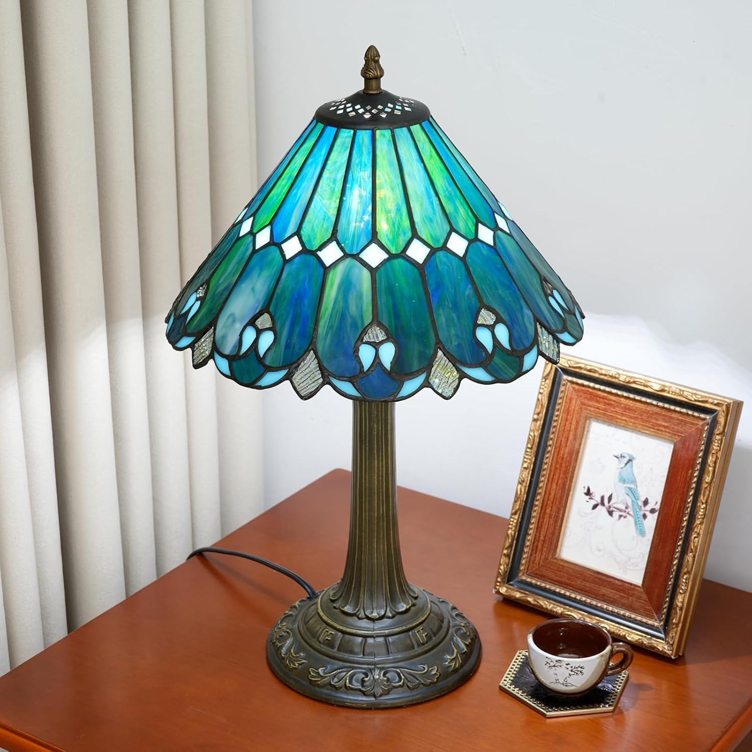 Tiffany Lamp Stained Glass lamp 12x12x18 Inches Bedside Table Lamp for Living Room Bedroom Dorm Kitchen Home Decor Festival Birthday Gift,Sea Blue