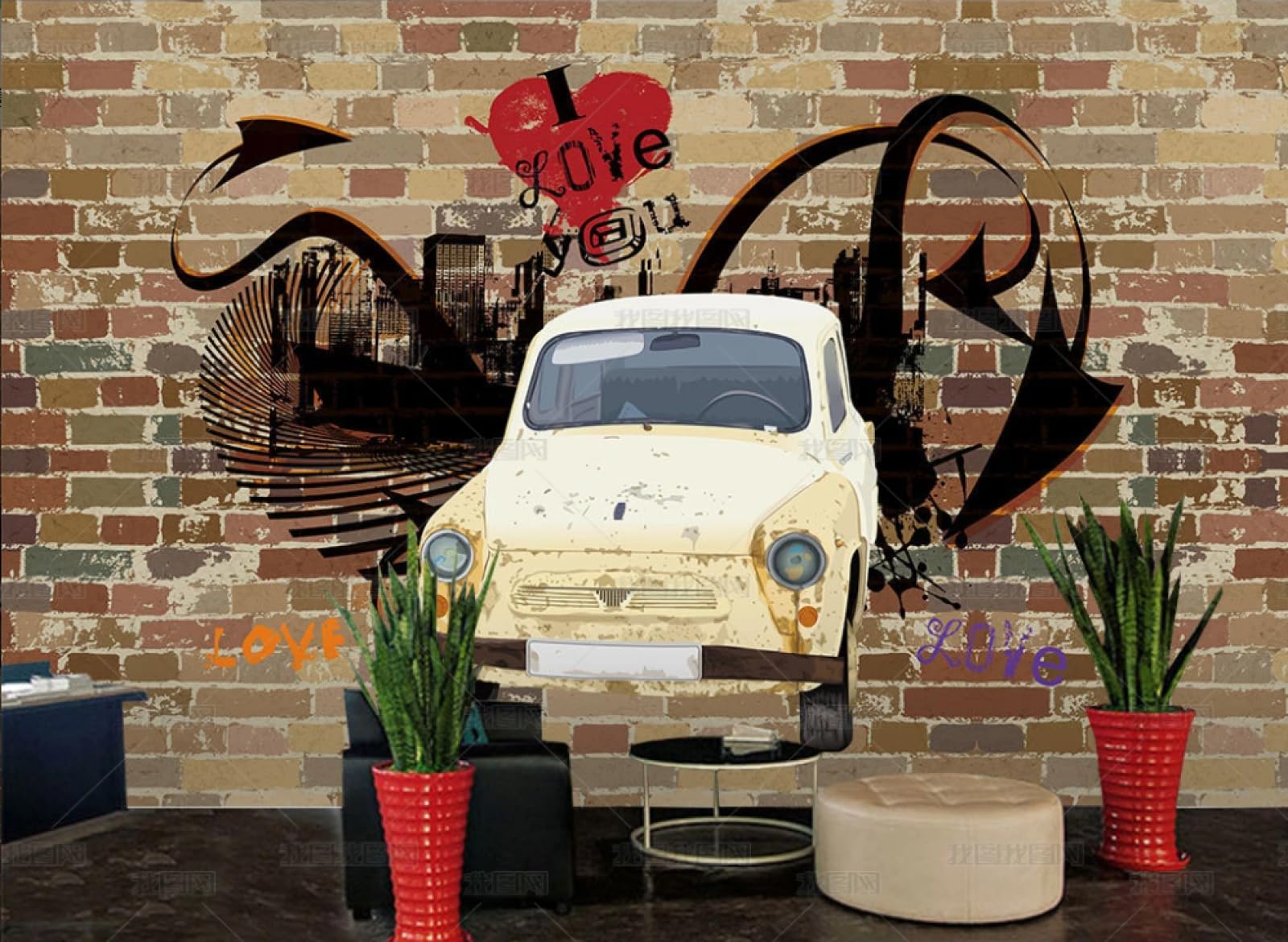 Ręcznie malowane retro litery samochodu cegła dekoracja ścienna malarstwo ścienne kawiarnia restauracja 3D 250 x 175 cm