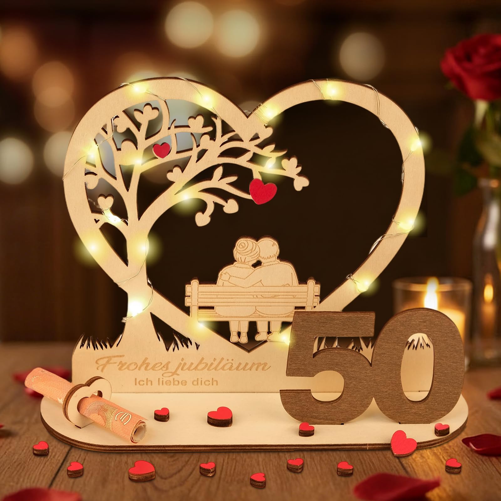 ARTREE Geldgeschenk Hochzeit, 50 Geldgeschenke Holz zur Goldene Hochzeit Deko, Geschenk 50.Hochzeitstag für Geschenke, Geschenkidee zum 50. Hochzeitstag Deko,Holzgeschenke Zum Jubiläum, Hochzeiten