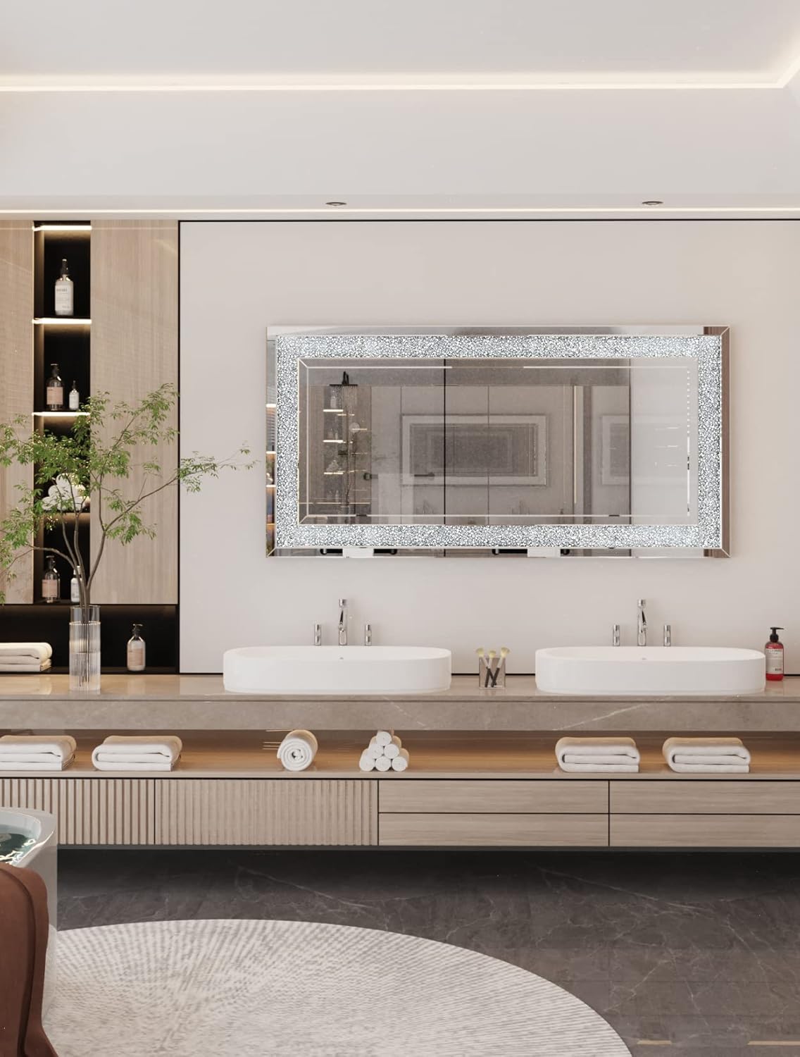 Decorative Crushed Diamond Mirror Rectangular Silver Wall Decor 48x24 inch