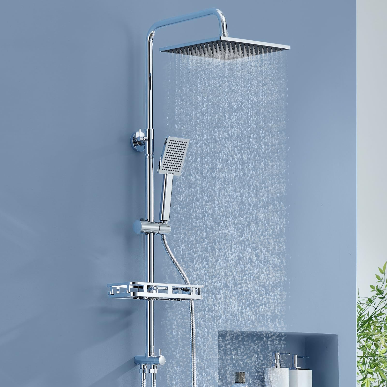 Auralum Regendusche ohne Duscharmatur, Edelstahl Duschsystem mit Bohrfree-ablage, Dusche Komplettset mit Messing-Wasserteiler, 25cmx25cm Duschkopf, Höhenverstellbare Duschstange mit Regendusche, Chrom