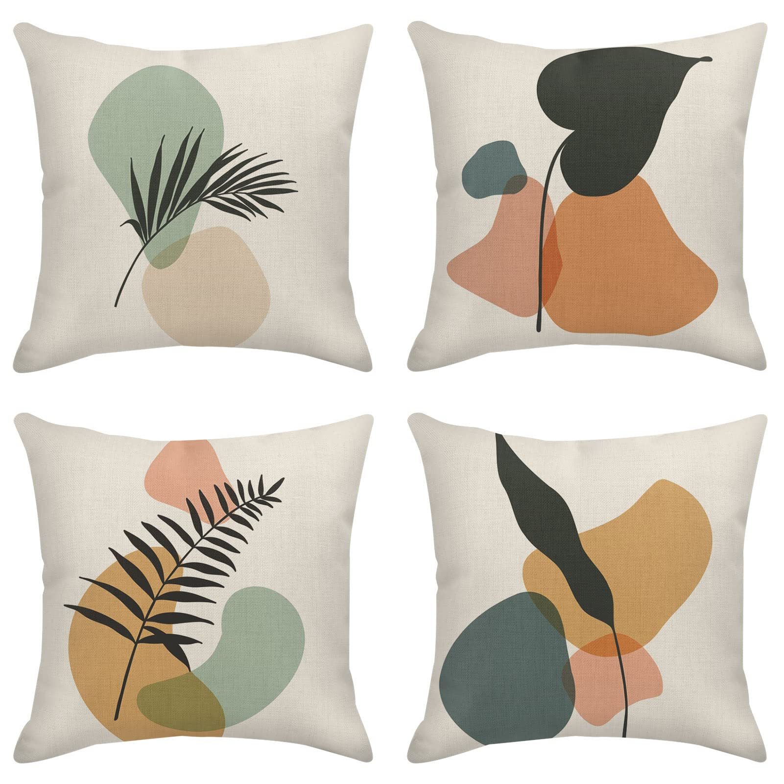 Throw Pillow Covers Home Decor Set of 4 Pillow Cases Decorative 16 x 16 Inches Outdoor Cushion Couch Sofa Pillowcases Botanical Plant Natural Leaf