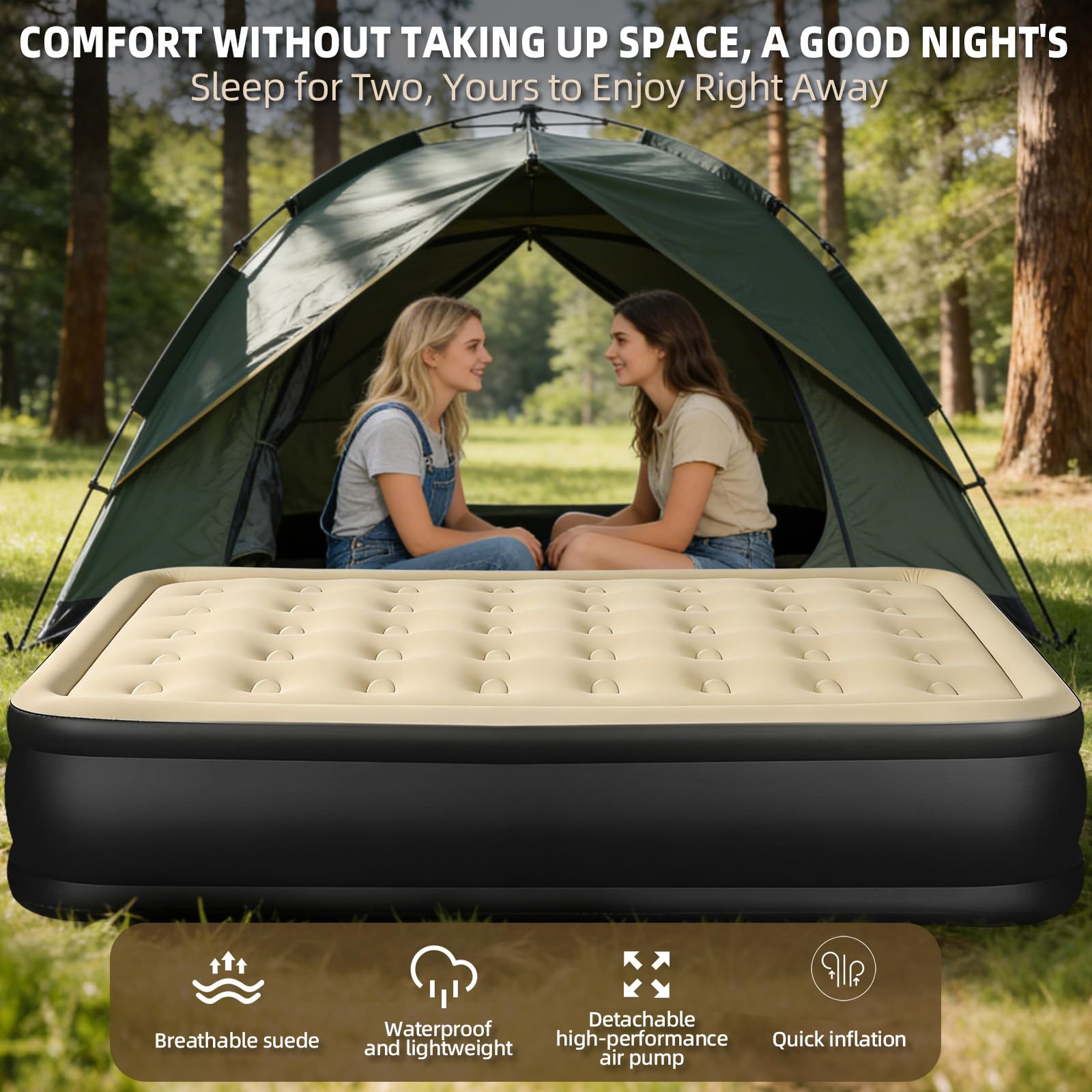 Colchón Hinchable Doble 200x150x40cm, Cama de Aire con Bomba Integrada Extraíble, Superficie Terciopelo Mejorada, Resistente a Pinchazos 300kg para Camping, Hogar, Viaje y Emergencias