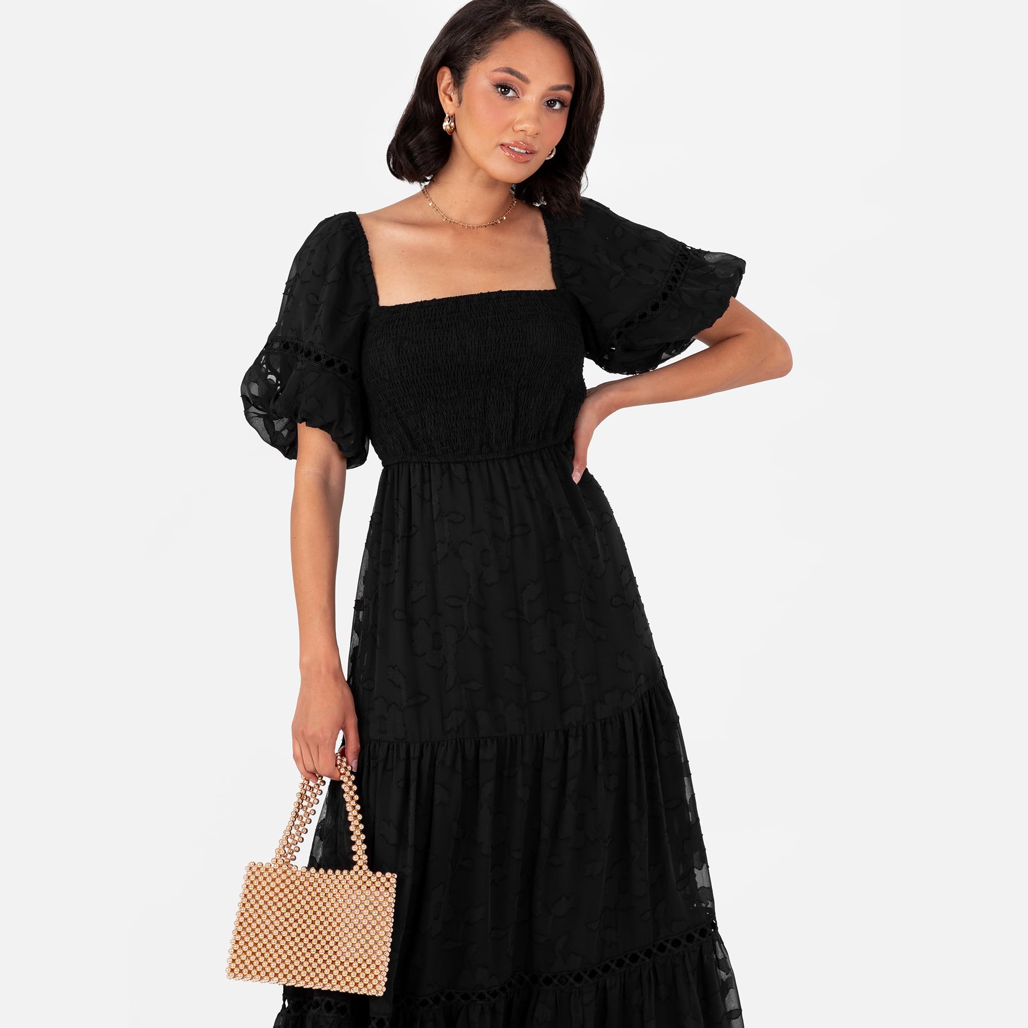 Lovedrobe Women's Maxi Dress Ladies Square Neckline Puff Sleeve Tiered Hem Floral Chiffon Shirred A-Line Tie Back Milkmaid Dress Mujer (Pack de 1)