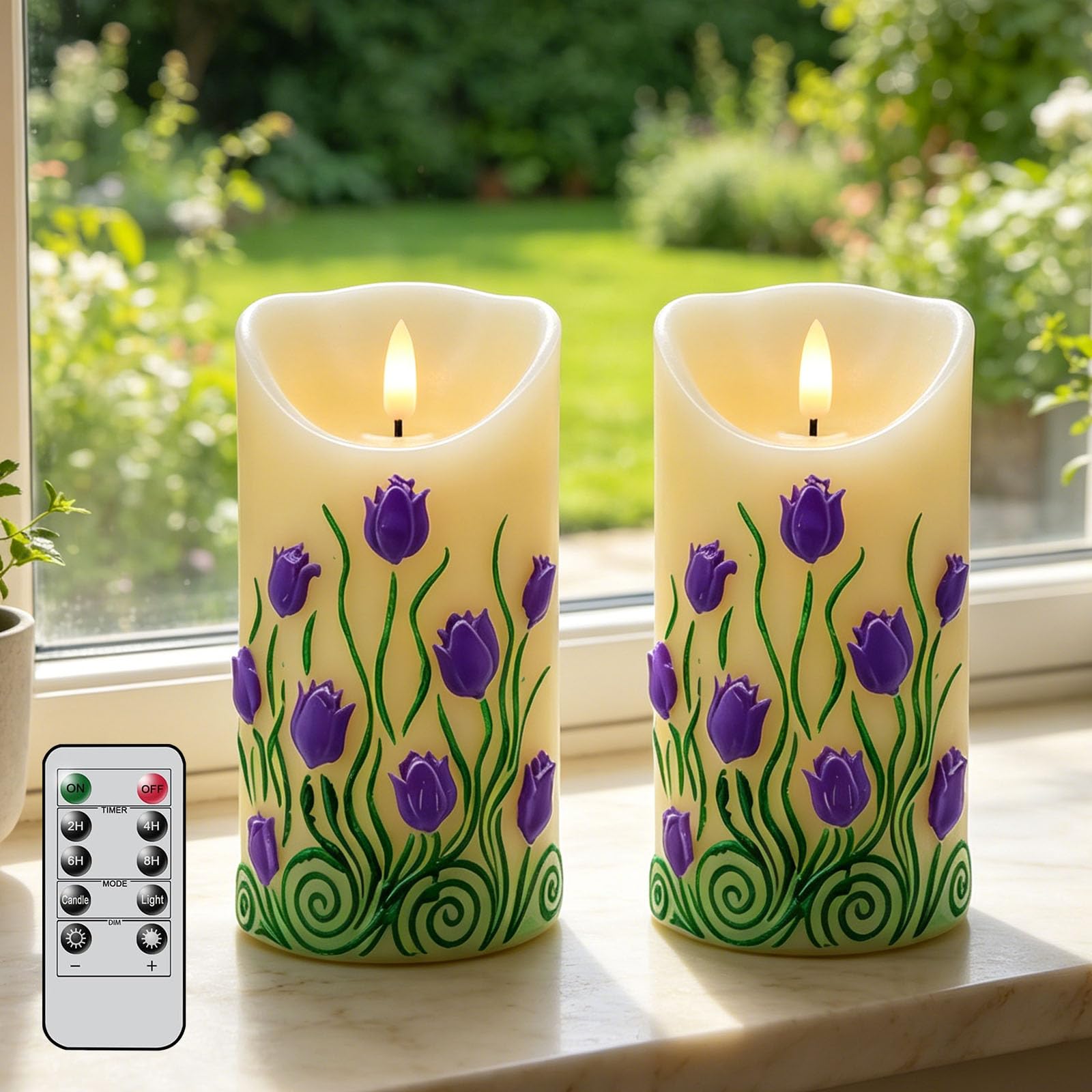 Embossed Purple Tulip Flickering Flameless Candles, 2Pcs Paraffin LED Pillar Candles with Remote & Timer, Battery Operated , 3D Floral Electric Candles for Spring Decor & Women Gift (Purple-Tulip)