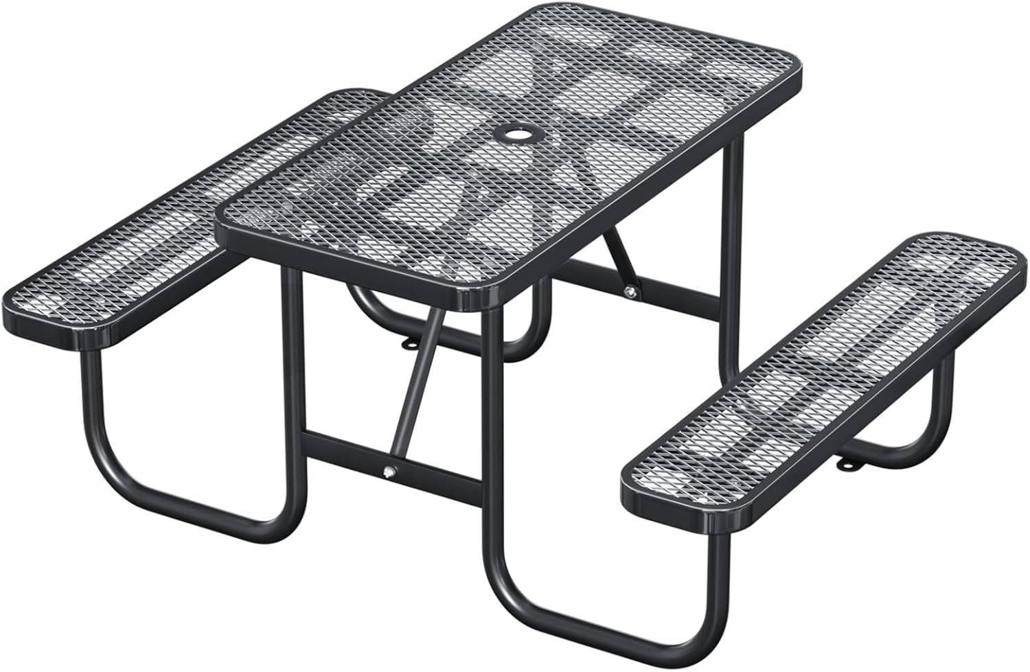 6FT Rectangular Outdoor Picnic Table and 2 Benches Set with Umbrella Hole, Metal Expanded Commercial Steel Heavy Duty Sturdy Picnic Tables Furniture Set for Yard Patio Lawn Party Coffee, Black