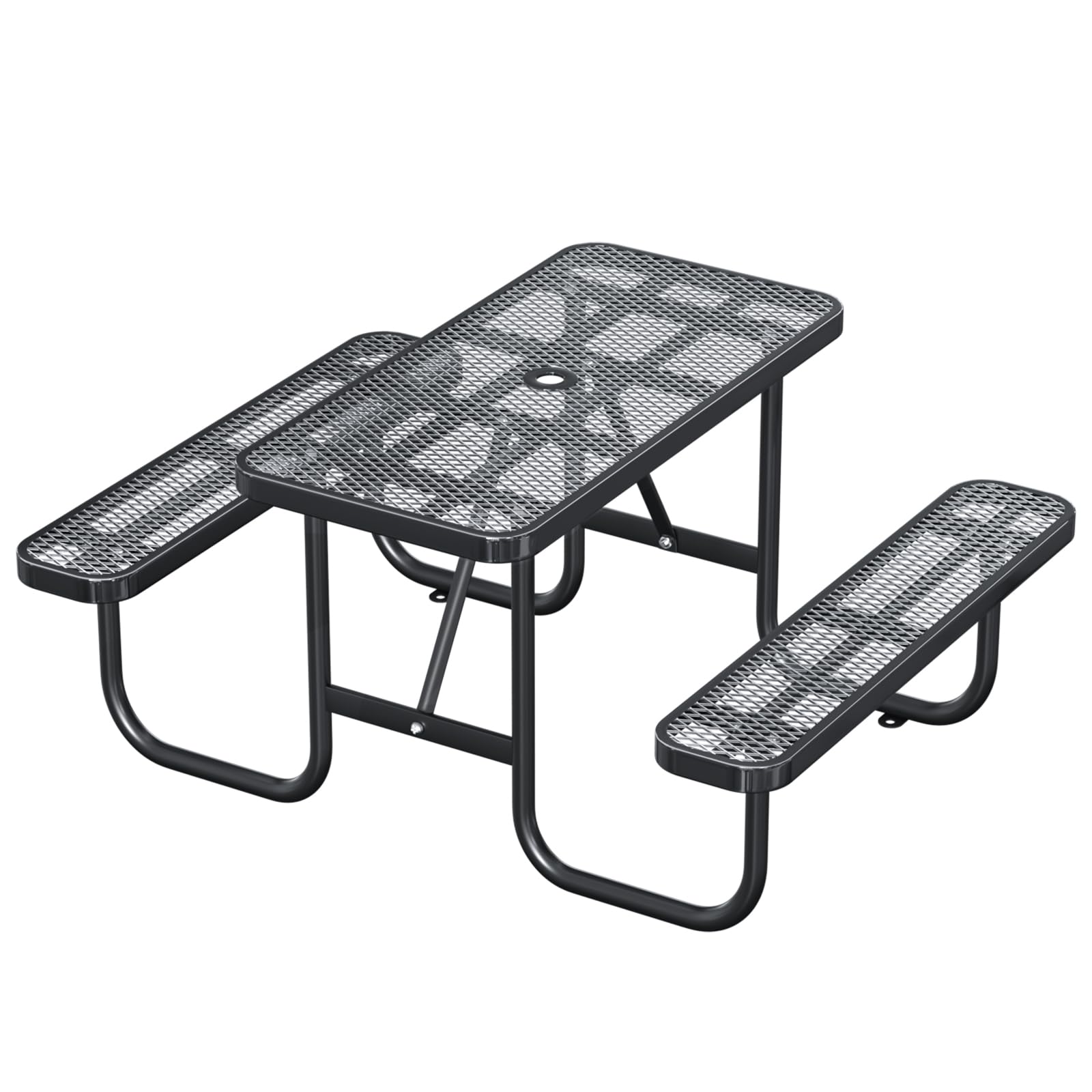 4FT Rectangular Outdoor Picnic Table and 2 Benches Set with Umbrella Hole, Metal Expanded Commercial Steel Heavy Duty Sturdy Picnic Tables Furniture