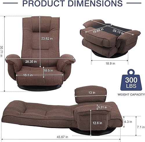 Miniatura 2 de Silla ergonómica de tela de lino, sofá cama reclinable de 6 posiciones con soporte lumbar, tumbona plegable con cojín grueso, reposabrazos y