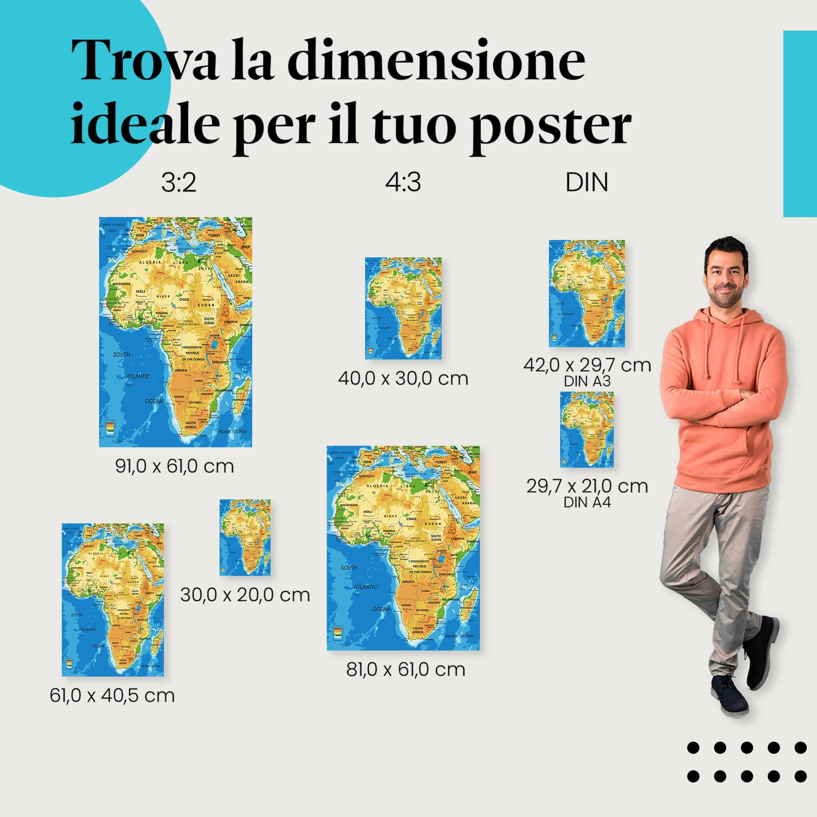 Postereck - 1043 - Mappa dell'Africa, capitali dei paesi in inglese - Decorazione Aula Scolastica, Materiale Didattico, Insegnamento, Quadri - Tela - 100,0 cm x 75,0 cm