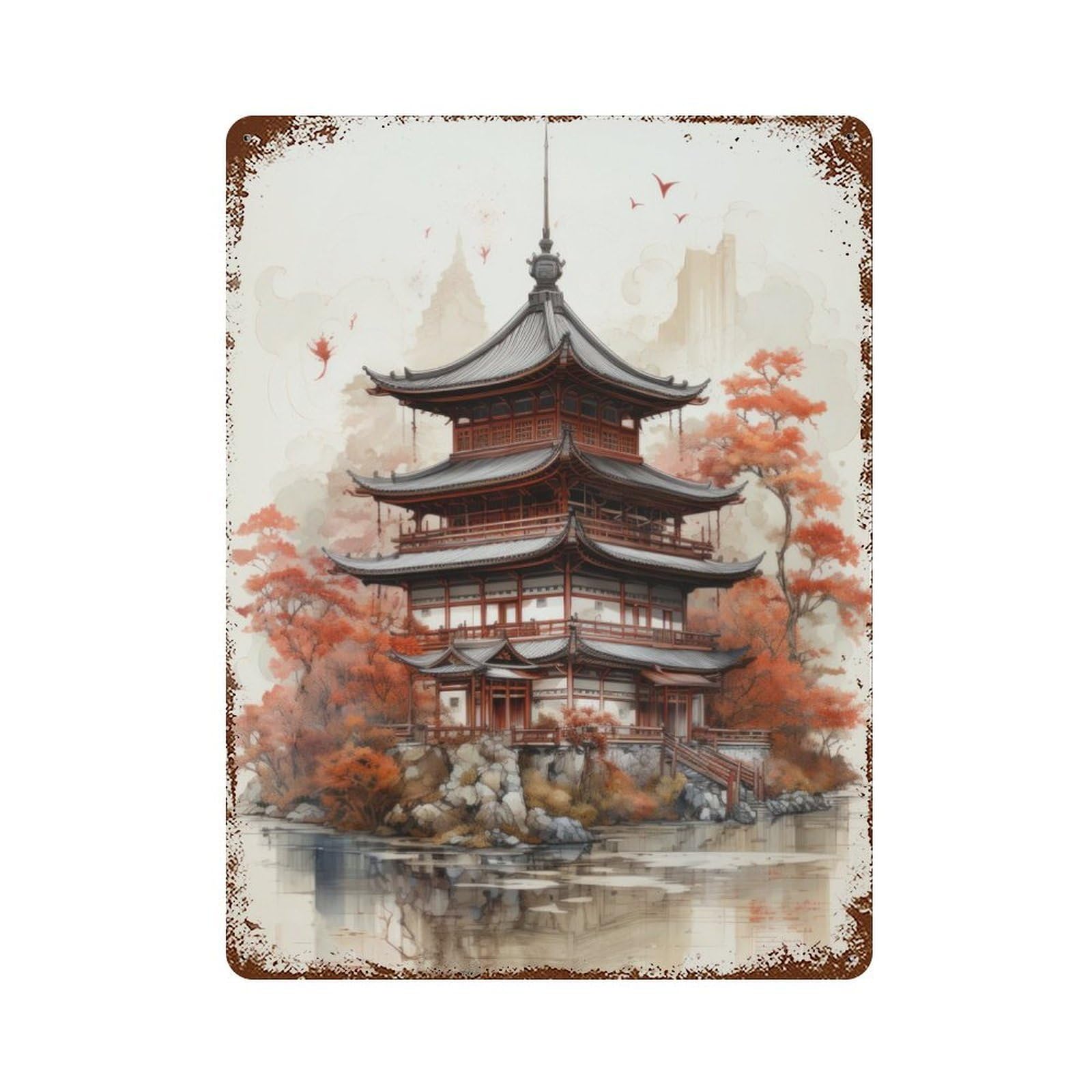 Rust Effect Japanese Pagoda Watercolor Aged Metal Wall Plaque 15.7"x11.8", Rustic Home Decor for Bistro, Counter And Cafe Decor