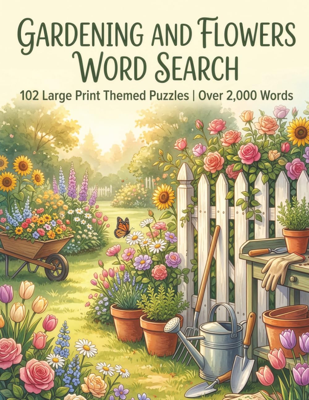 Gardening and Flowers Word Search: 102 Large Print Themed Puzzles for Adults and Seniors | Roses, Vegetables, Herbs, Butterflies and Backyard Garden ... Words to Find | Complete Solutions Included
