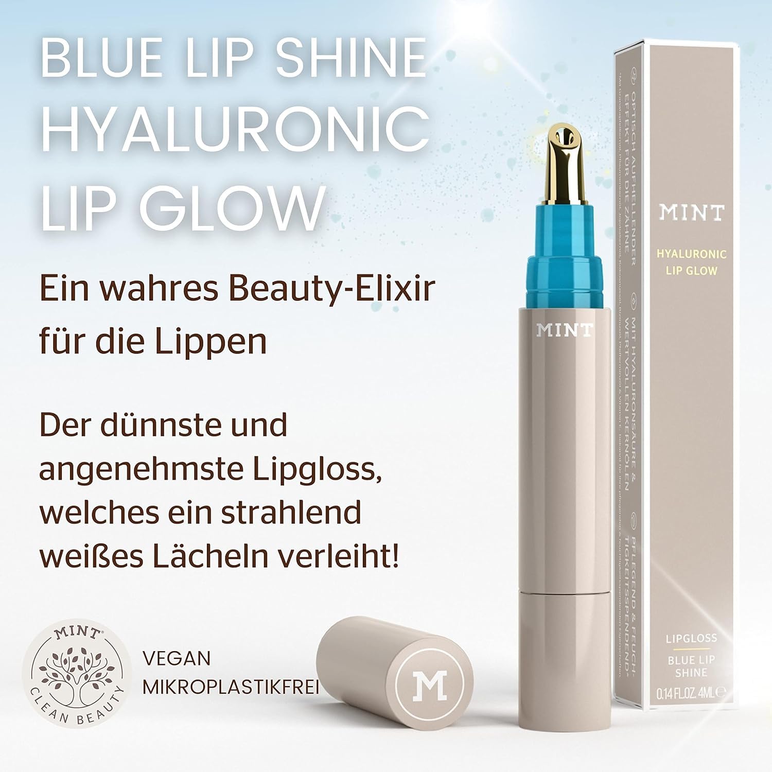 MINT Blue Lip Shine Hyaluronic Lip Glow - Whitening-Effekt Lip Gloss - wertvolle Öle - mit Blaupigmenten angereichert für strahlende Zähne Vegan - by Dr. Mintcheva