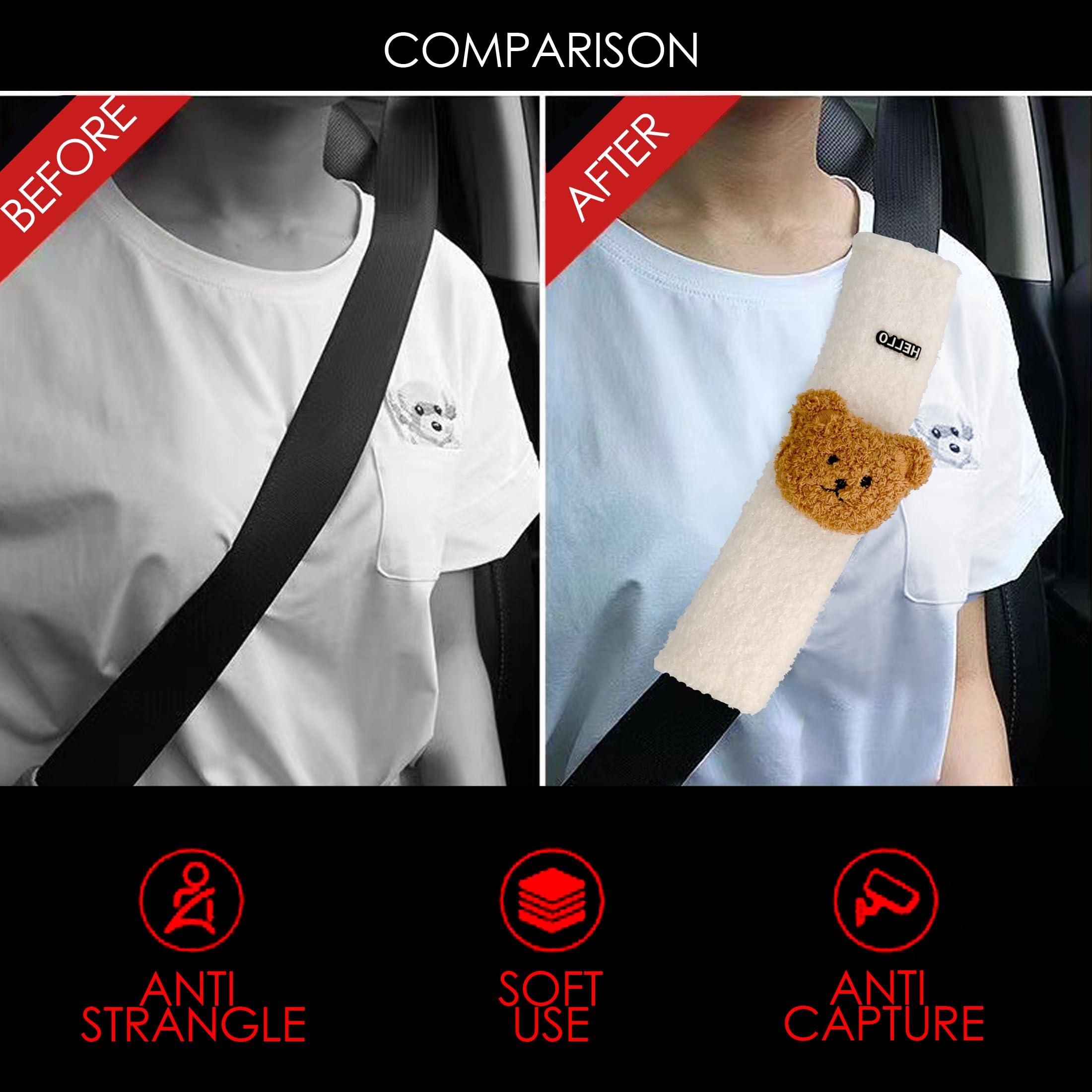 MOMOJULI 2 Seat Belt Cover Pad,Cute Shoulder Seatbelt Strap Cushion Plush Fluffy Covers for Kids or Adults - Image 3