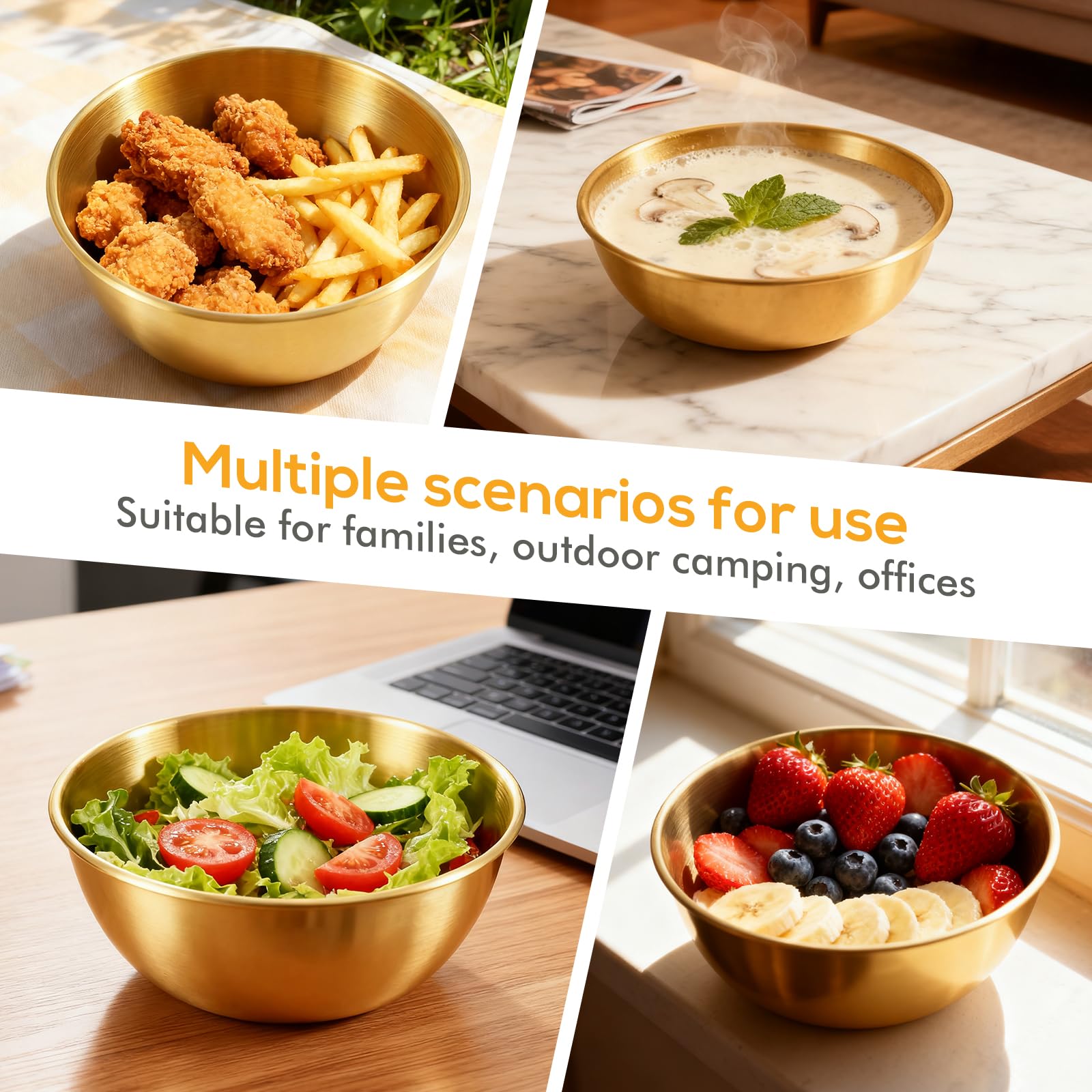 Set di 6 ciotole in acciaio inox, Ø 17 cm, in acciaio inox dorato, capacità ciotole per insalata, ciotola rotonda per insalata, ciotola per insalata, ciotola per snack, ciotola per insalata, ciotola