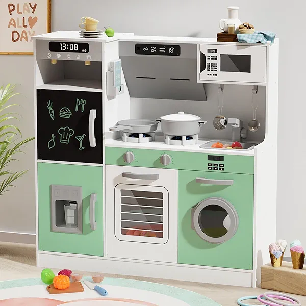 BIERUM Play Kitchen with Realistic Lights & Sounds, Wooden Kitchen Playset with 28 Pcs Toy Food & Cookware Accessories, Toy Kitchen with Plenty of Play Features, Idea Gift for Boys and Girls Ages 3+