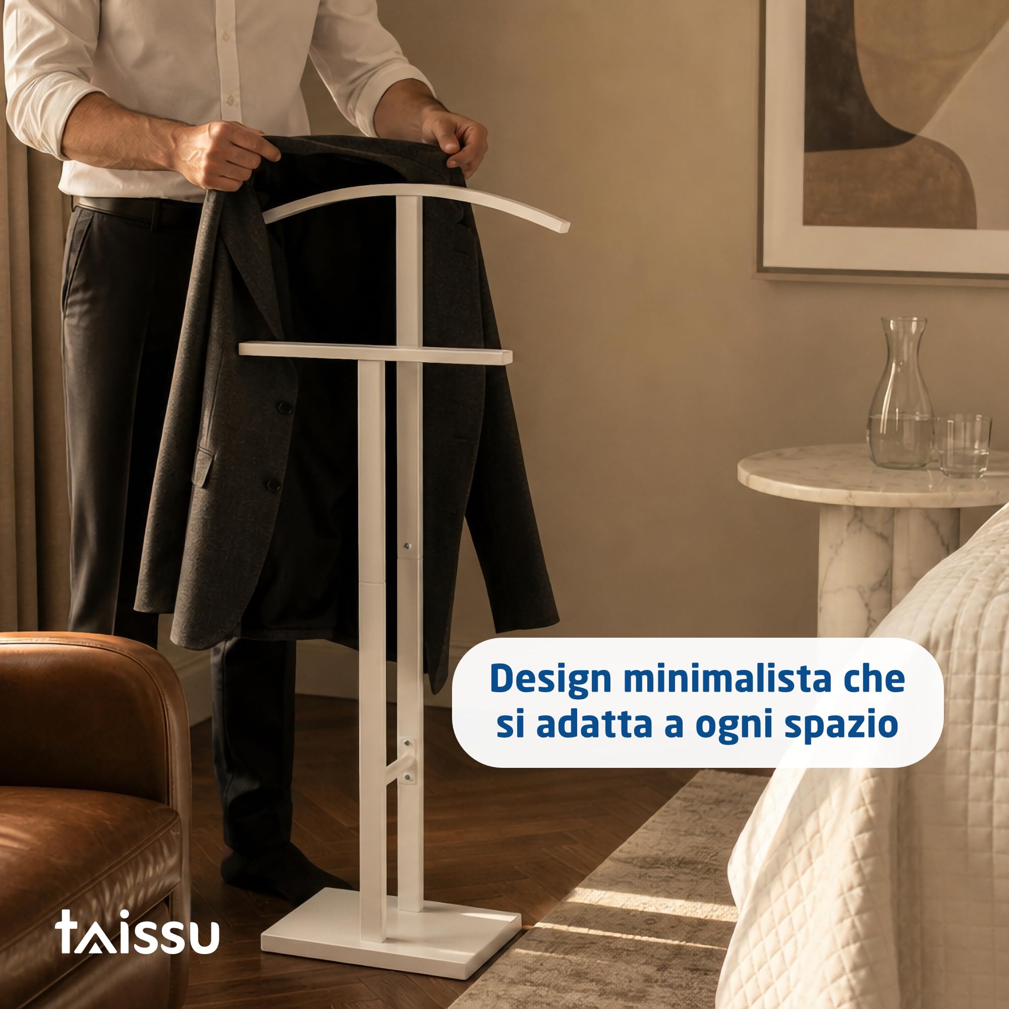 Servo Muto Mod. ADAK - Colore Bianco Opaco - Con Appendiabiti Superiore e Barra per Pantaloni - 52 x 18 x 100 cm - Acciaio con Base in Cemento - Appendiabiti per Camera da Letto