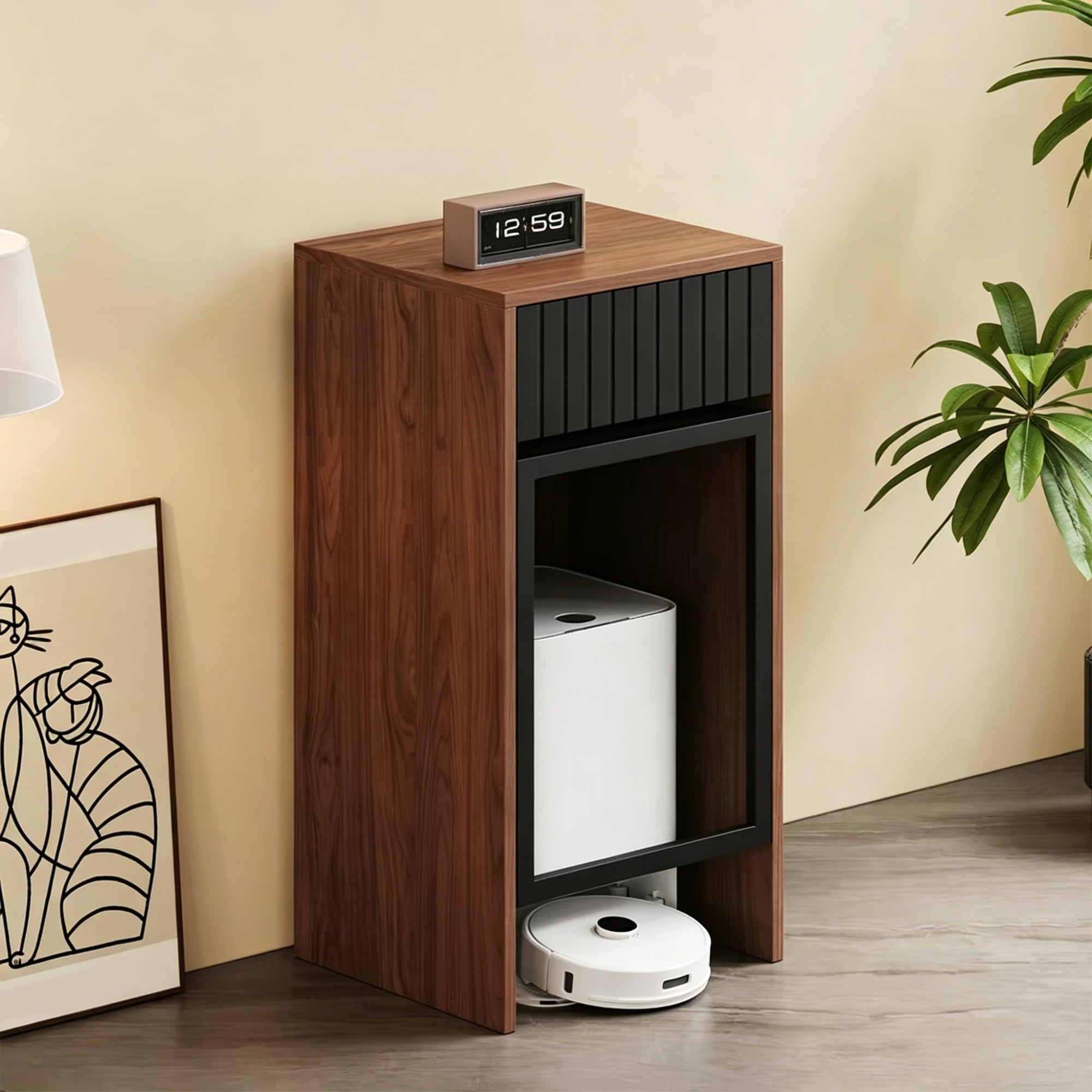 FNXBDPA Robot Vacuum Stand Cabinet, Wooden Storage Stand, Retro Sofa Side End Table