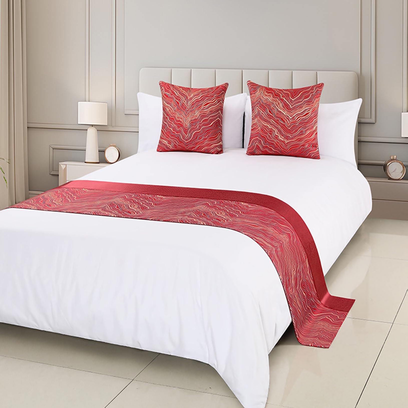 TTiiLoe Polyester Bed Runner, Gold Jacquard Bed Throw Bedspreads Cover Bed Scarf End Mat for Hotel Bedroom, Red, 50 * 260cm for 2m Bed