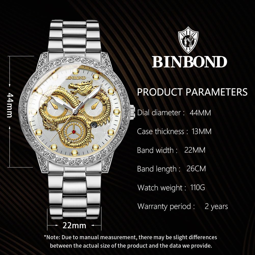 BINBOND Gold Dragon Watches for Men Stainless Steel Luxury Dress Business Big Face Dial Date Men's Wrist Watch Gift Waterproof Luminous