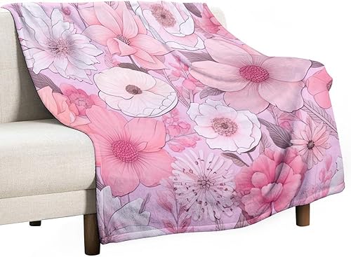 Miniatura 12 de Manta moderna de color rosa pastel y flores, manta retro de flores para cama, manta de 60 x 80 pulgadas, súper suave y acogedora para sofá,