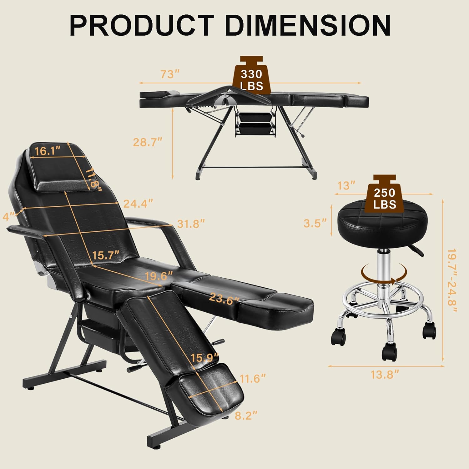 Tattoo Chair for Client with Split Legs,Lash Bed with Rolling Stool, Tattoo Table Facial Bed for Esthetician, Adjustable Beauty Salon Spa Facial Chair