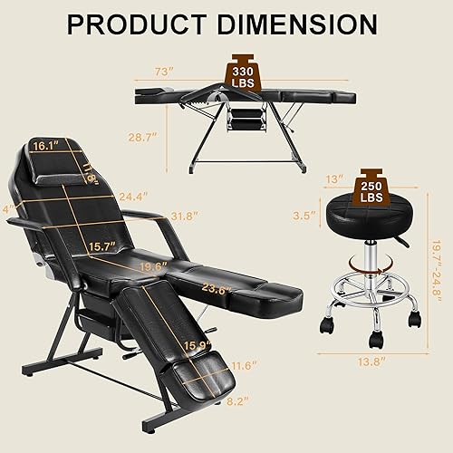 Miniatura 4 de Silla de tatuaje para cliente con taburete rodante, mesa de cama de tatuaje con patas divididas, silla facial de cama de esteticista negra, sillas