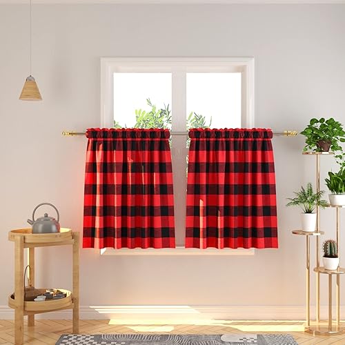 Miniatura 50 de Cortina ajustable con cenefa para ventana de cocina Buffalo Check, a cuadros, gingham, estilo granja, con bolsillo para barra, para baño, 42 x 45