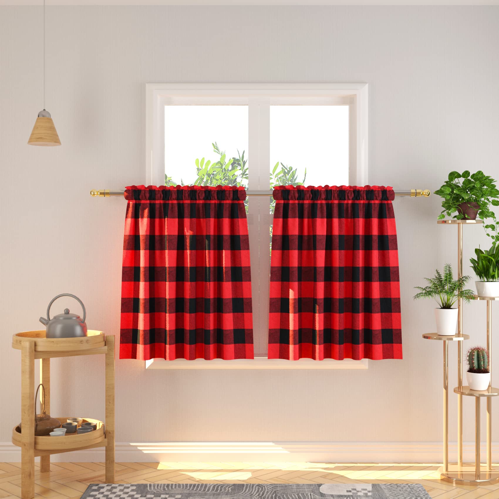 Natus Weaver Buffalo Plaid Cafe Curtains, 2 Panels, 27x30 Inch, Red & Black, Rod Pocket, Model NWUSCCVL-2730C06