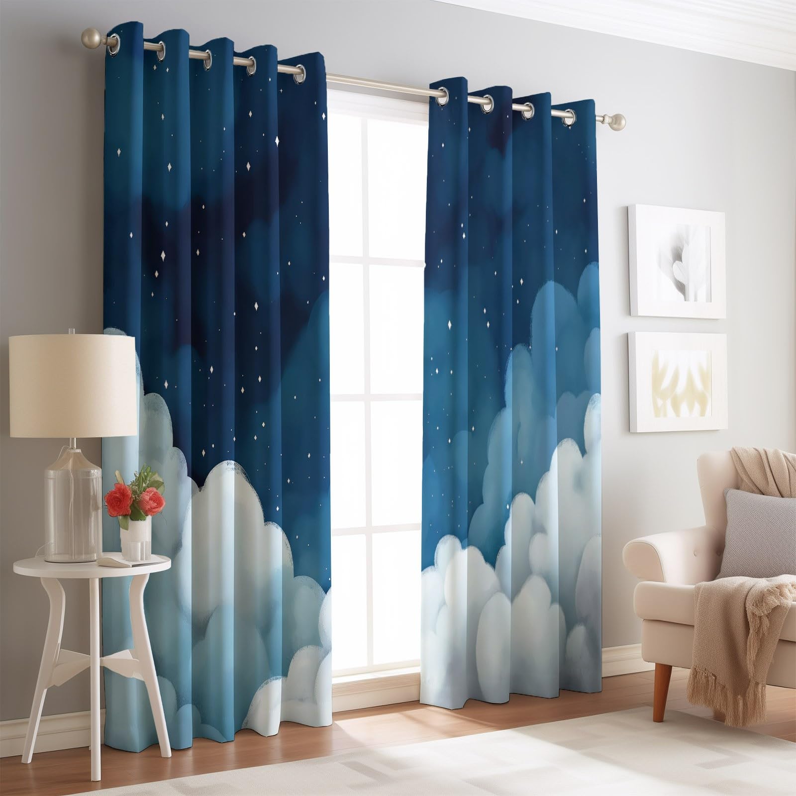 Rideaux Longs 140L X 260H cm (2 Panneaux), Nuages Aquarelle De Dessin Animé Imprimé, Tissu Occultant Épais pour Grand Salon et Loft, Bleu Foncé Gris