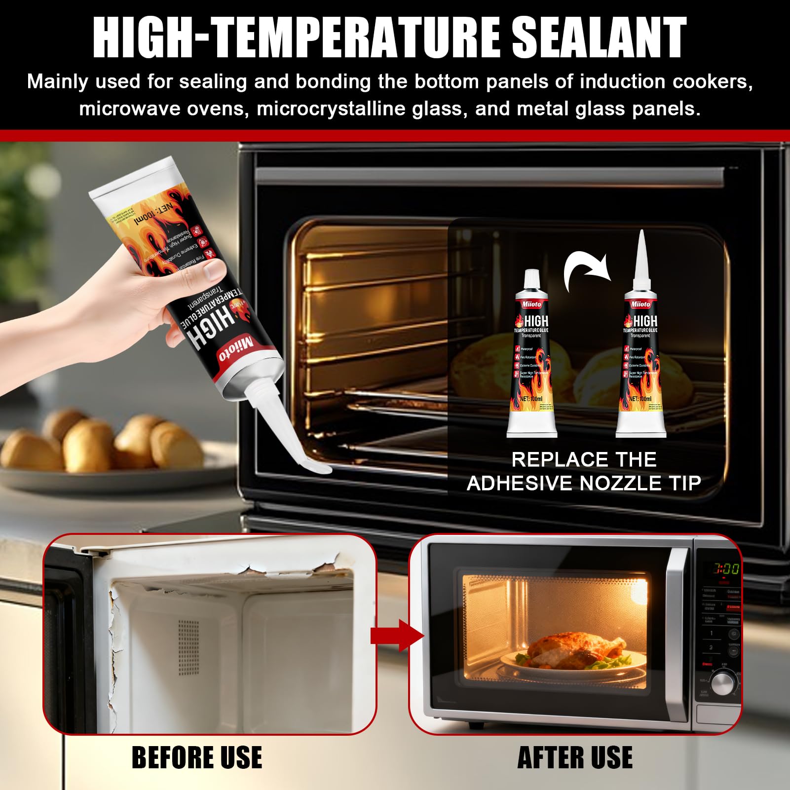 Miioto Silicone Alte Temperature, Colla Alte Temperature, Silicone Alta Temperatura, Indurimento Rapido, Adesivo Resistente al Calore per Caminetti, Stufe, Scudi Termici, 100 ml