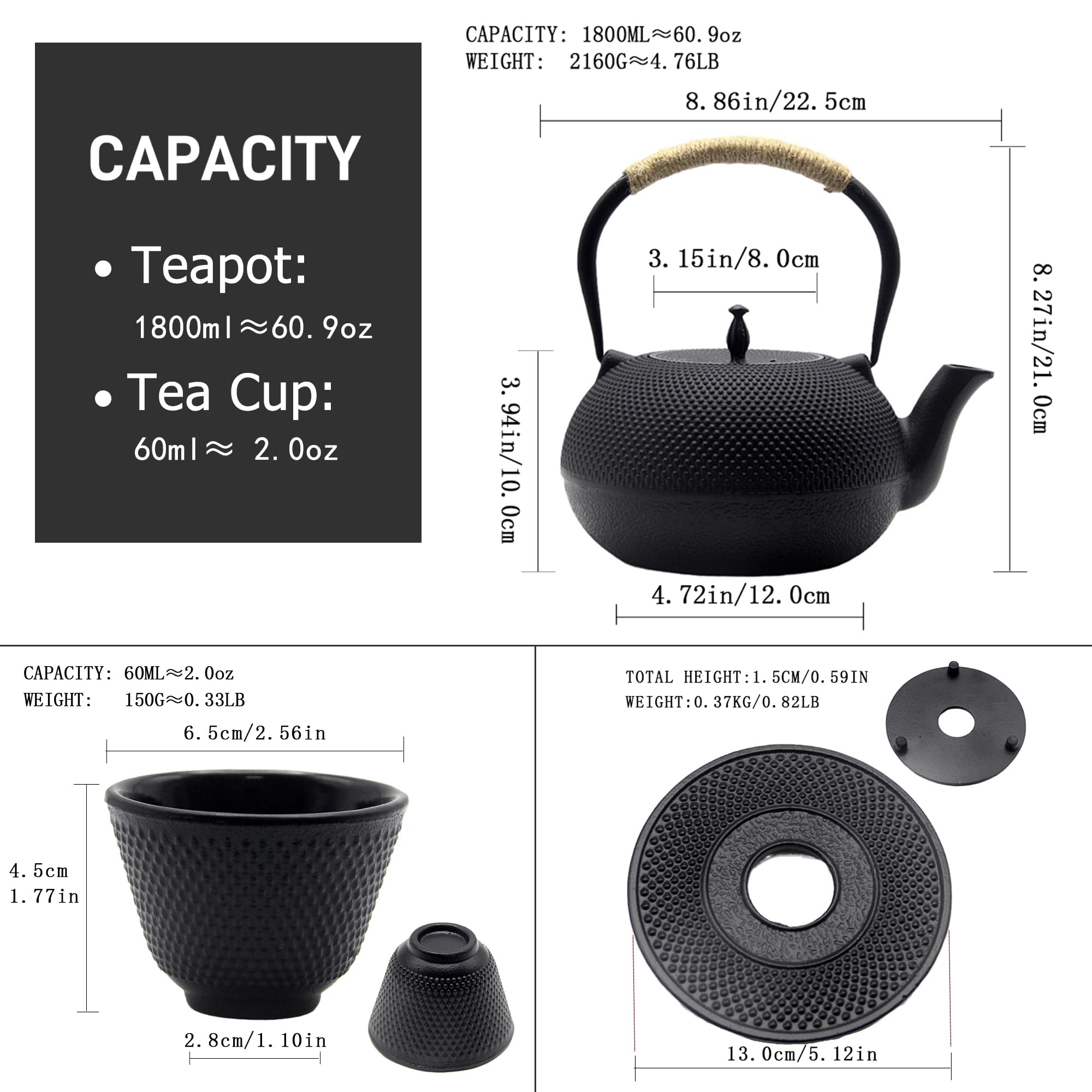 Service à thé en fonte avec tasses, théière japonaise Tetsubin compatible avec toutes les plaques de cuisson, service à thé en fonte avec passoire pour thé en vrac et intérieur émaillé (service à th