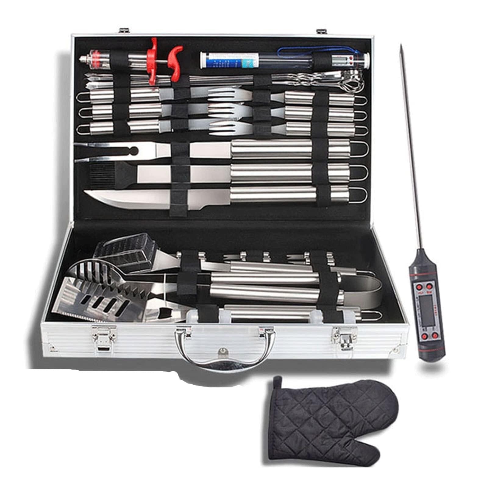Set di Utensili per Barbecue, Accessori per Barbecue in Acciaio Inox con termometro per Carne e iniettore, Kit Completo per grigliate per buongustai, cuochi e a