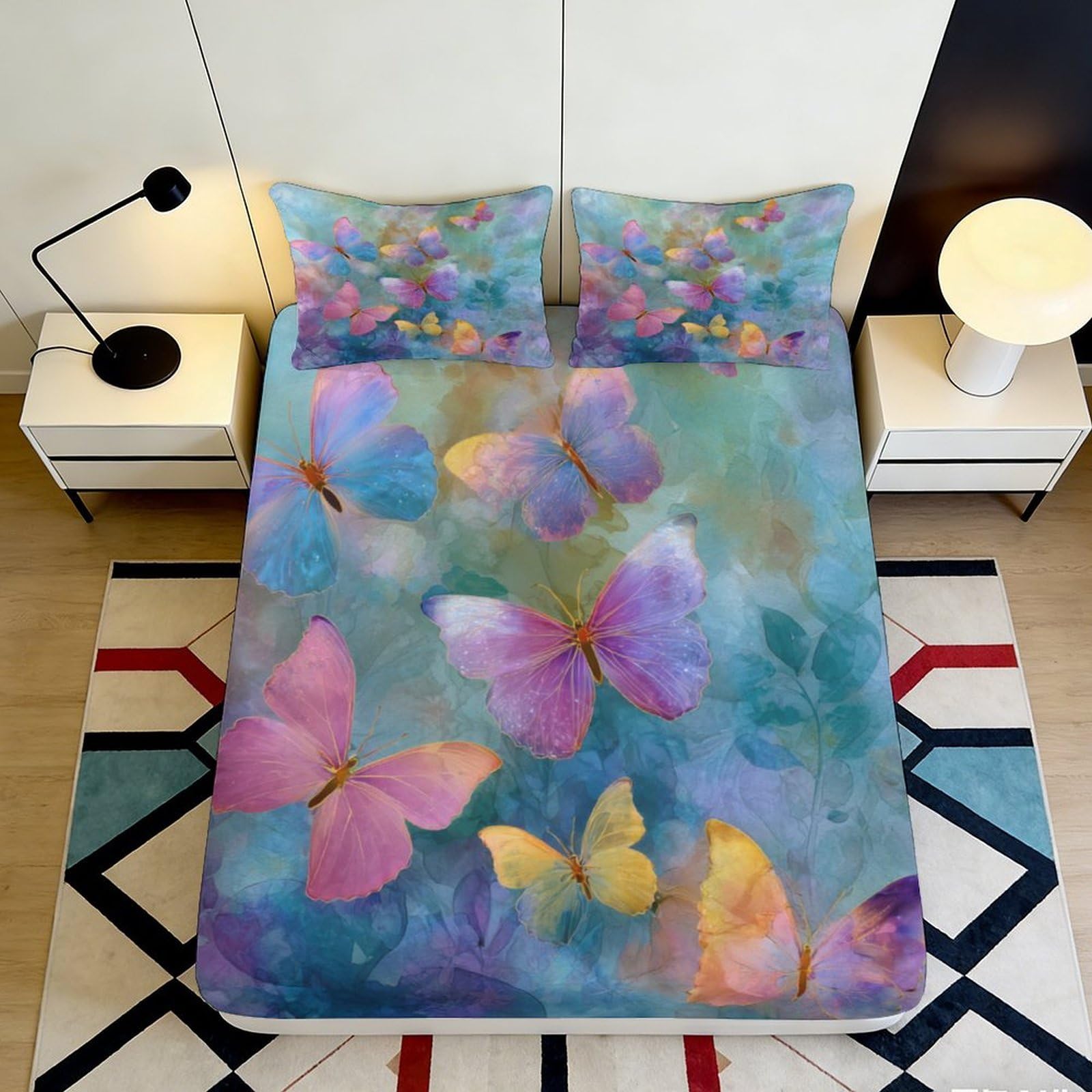 3D Printed Butterfly Dream Fitted Sheet Microfiber Soft Bedroom Decor Colorful Bed Cover Anti-Slip Easy Care 90x200x25cm