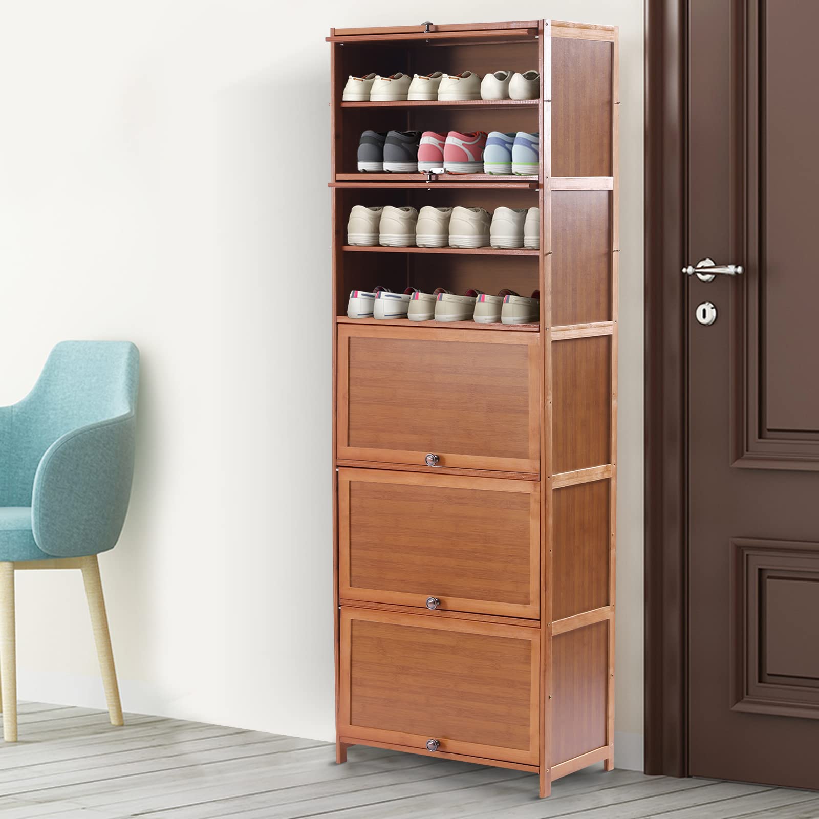 Scarpiera in bambù a 10 Ripiani con Ante a ribalta, Organizer per Libri, scaffale per Scarpe Alto, scaffale per l'ingresso, corridoio, Porta d'ingresso