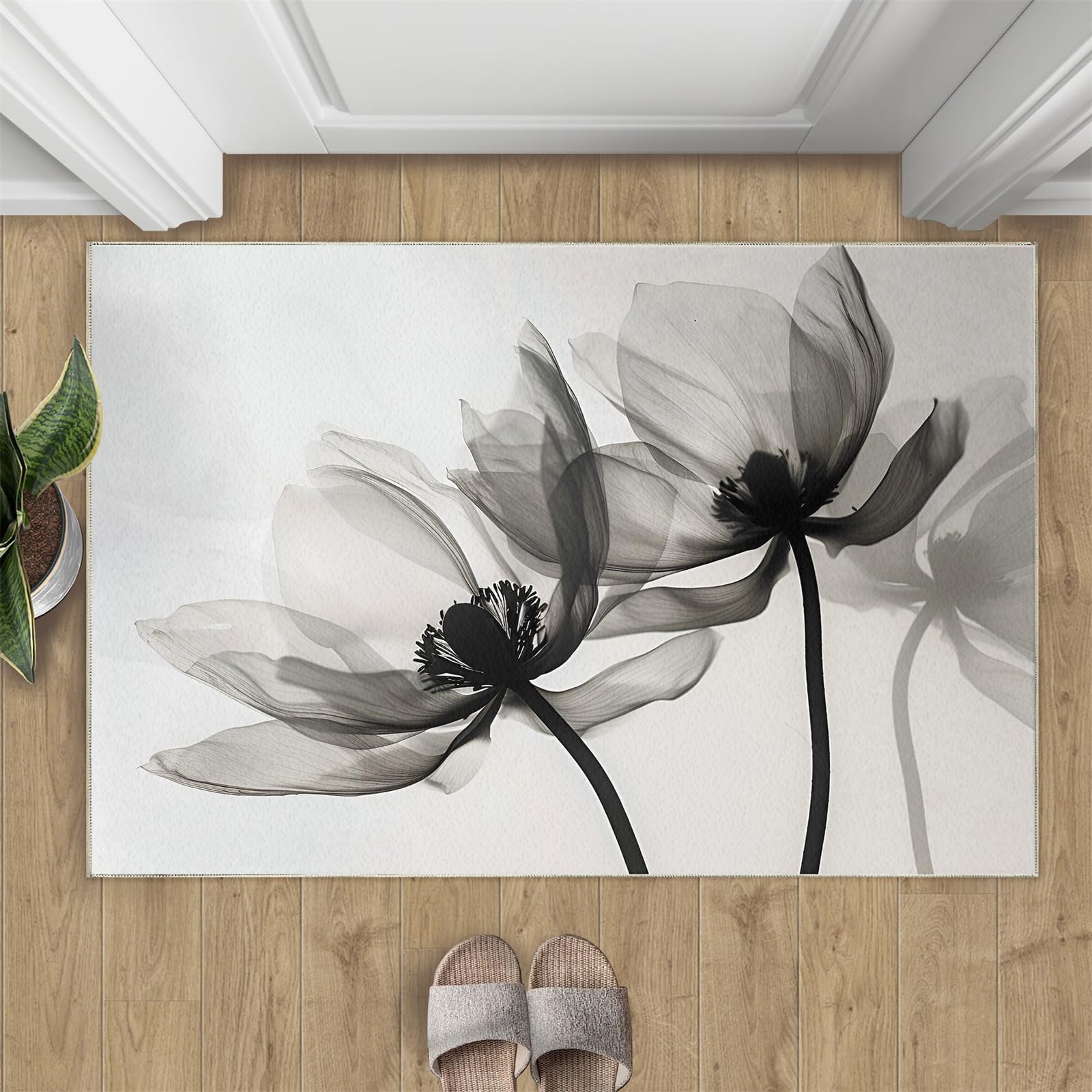 Flowers Rugs Living Room 180x240cm Black and White Flowers Area Rugs for Bedroom Minimalist Art Washable Anti Slip Floor Carpets Mat Non Shedding Beside Rugs for Dining Room Kitchen Office