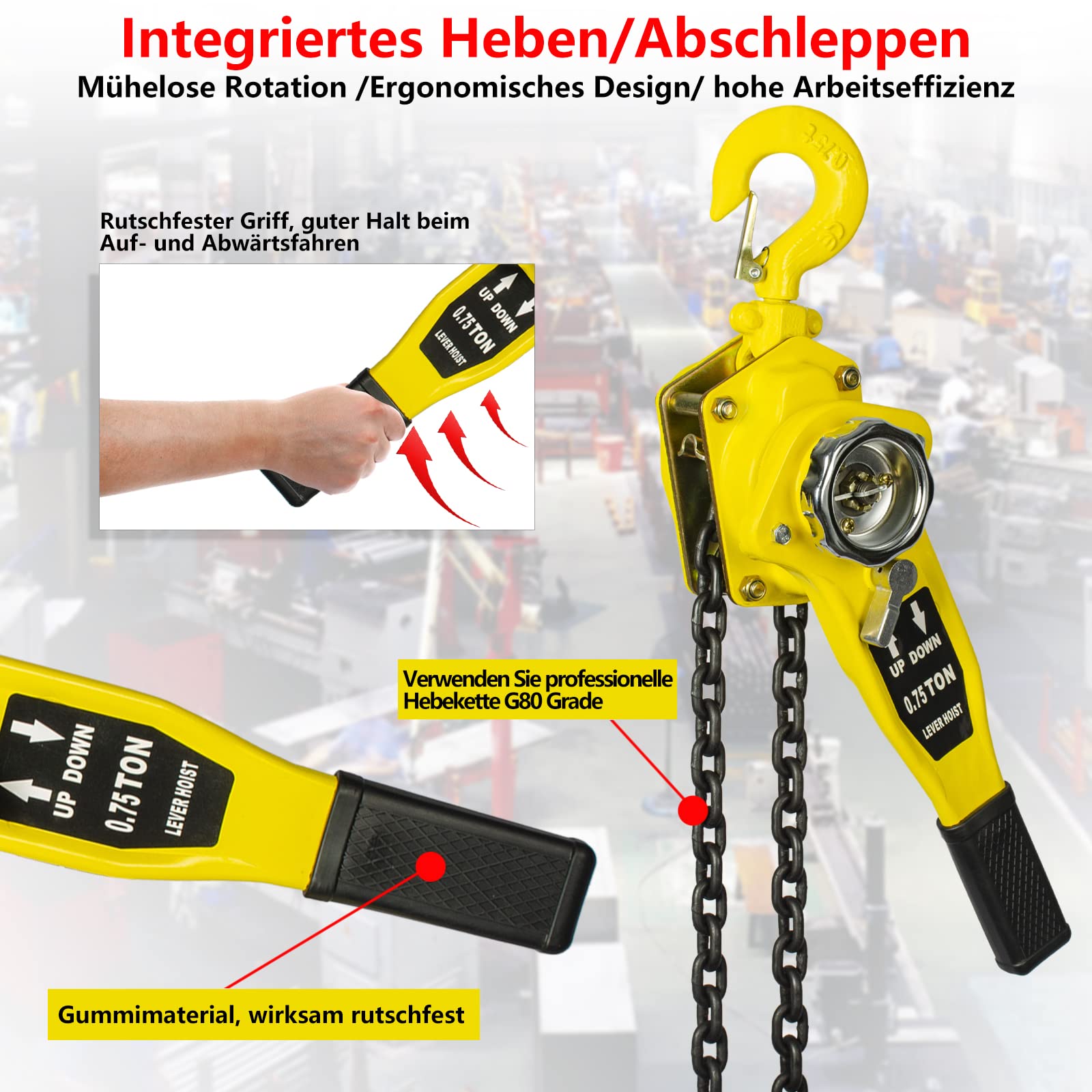 OUUTMEE 0.75T Polipasto de Cadena Manual Brazo de Cadena de 3 M Bloque de Brazo de Bloqueo 1500 KG Polipasto con Rodillo de Desmontaje para Garajes de Almacenamiento
