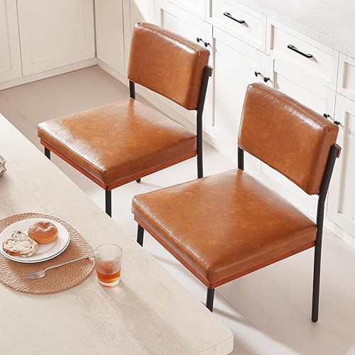 Miniatura 7 de Juego de 2 sillas de comedor modernas marrones, sillas de cocina con cojines gruesos y almohadillas ajustables, sillas de comedor tapizadas de piel