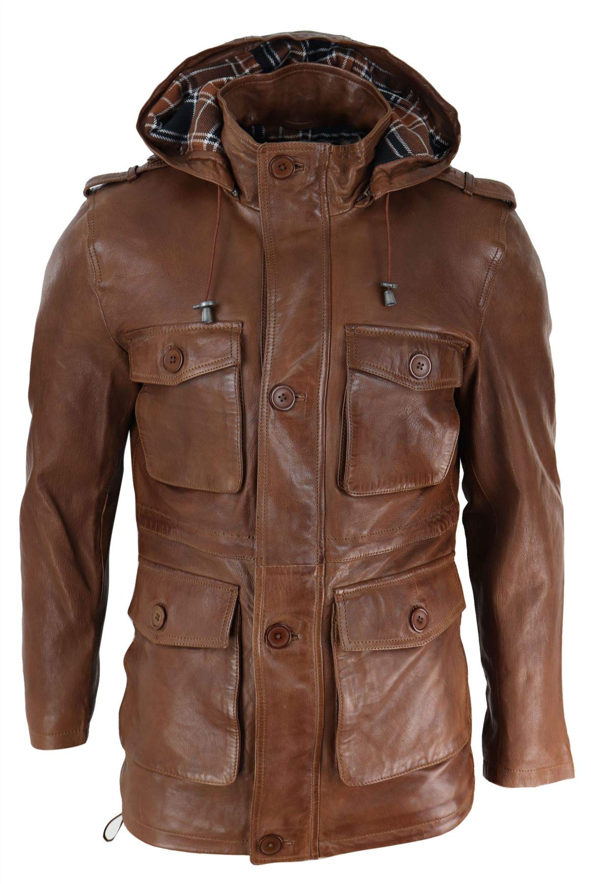 Infinity Leather Men's Tan 3/4 Long Real Leather Duffle Jacket Coat Safari Detachable Hood Military - 5XL
