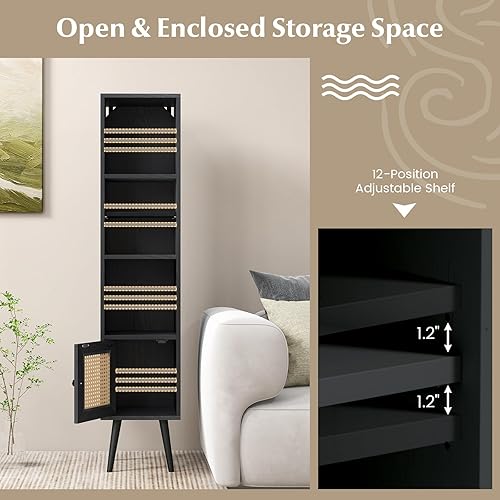 Miniatura 7 de LOKO Armario de almacenamiento delgado y alto, estantería bohemia con puerta de ratán, estante ajustable de 12 posiciones y patas de madera maciza,