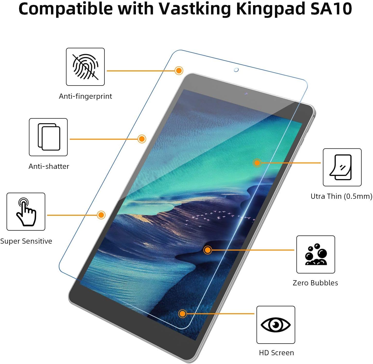 Diagram showing features of the VASTKING screen protector including anti-fingerprint, anti-shatter, ultra-thin, super sensitive, zero bubbles, and HD screen.