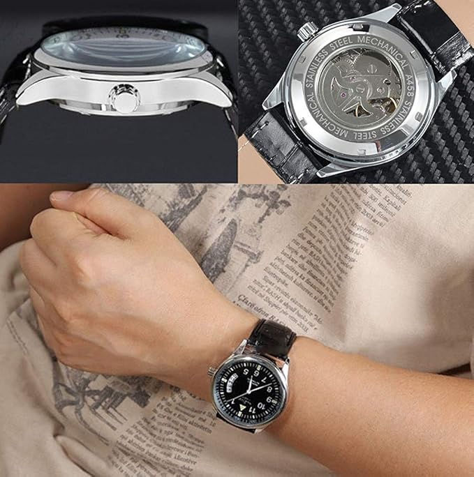 Amazon メンズ スポーツ 日付 ブラックレザーストラップ 自動巻き 腕時計 ブラック 腕時計 ファッション 通販