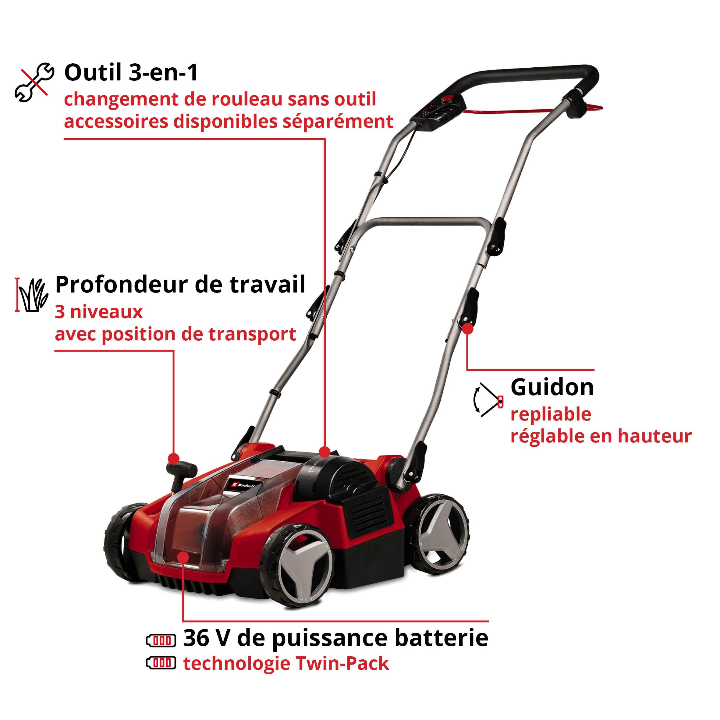 Einhell Scarificateur-aérateur sans Fil GE-SC 36/35 Li-Solo PXC (36 V, Largeur de Travail 35 cm, Moteur sans Charbon, Rouleau de Scarification à 16 Lames, Guidon Repliable, Vendu sans Batterie)