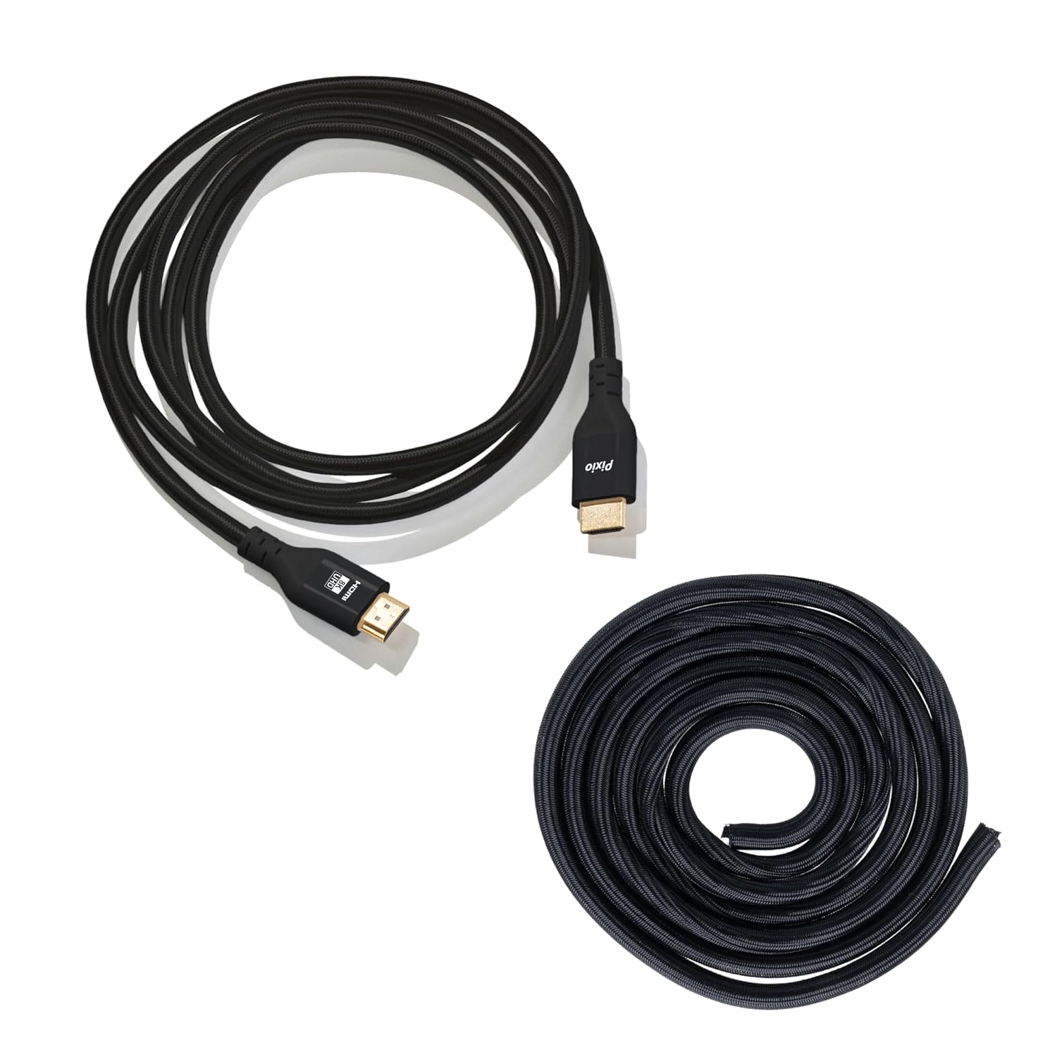 Pixio Black 10FT HDMI 2.1 Cable Ultra Certified Ultra High Speed 8K 60Hz 4K 120Hz Nylon Braided Gold Plated & 10FT Black Tube Cable Management Sleeve 1/2 inch Diameter